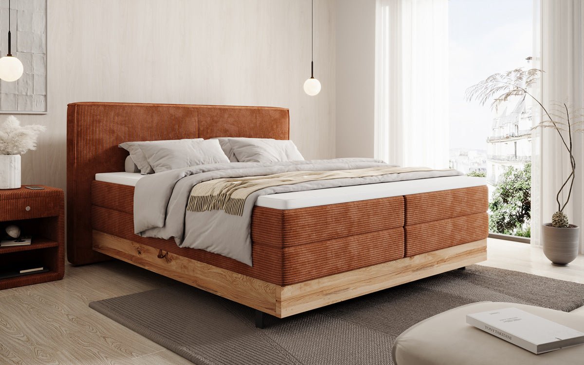 Wooden bed/box spring bed Nero with storage in corduroy
