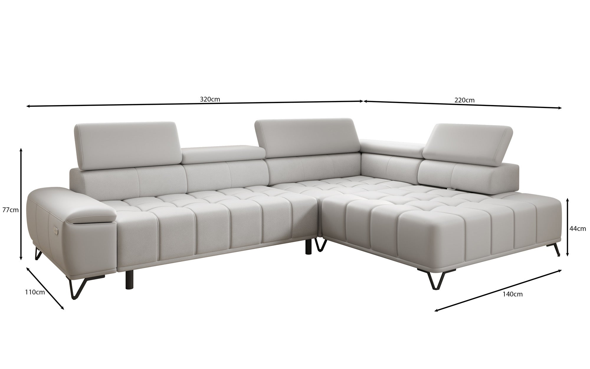 Designer L Sofa Selora with electric sleeping function and adjustable backrest in genuine leather