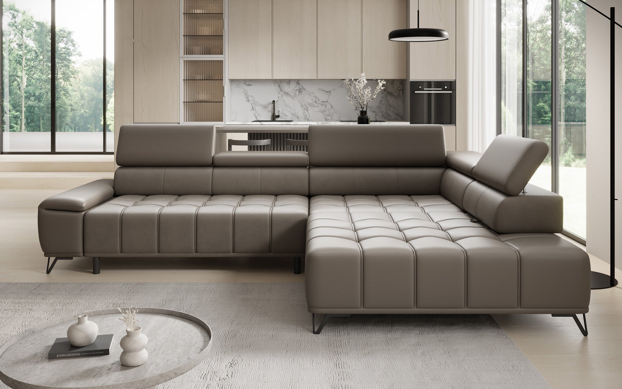 Designer L Sofa Selora with electric sleeping function and adjustable backrest in genuine leather