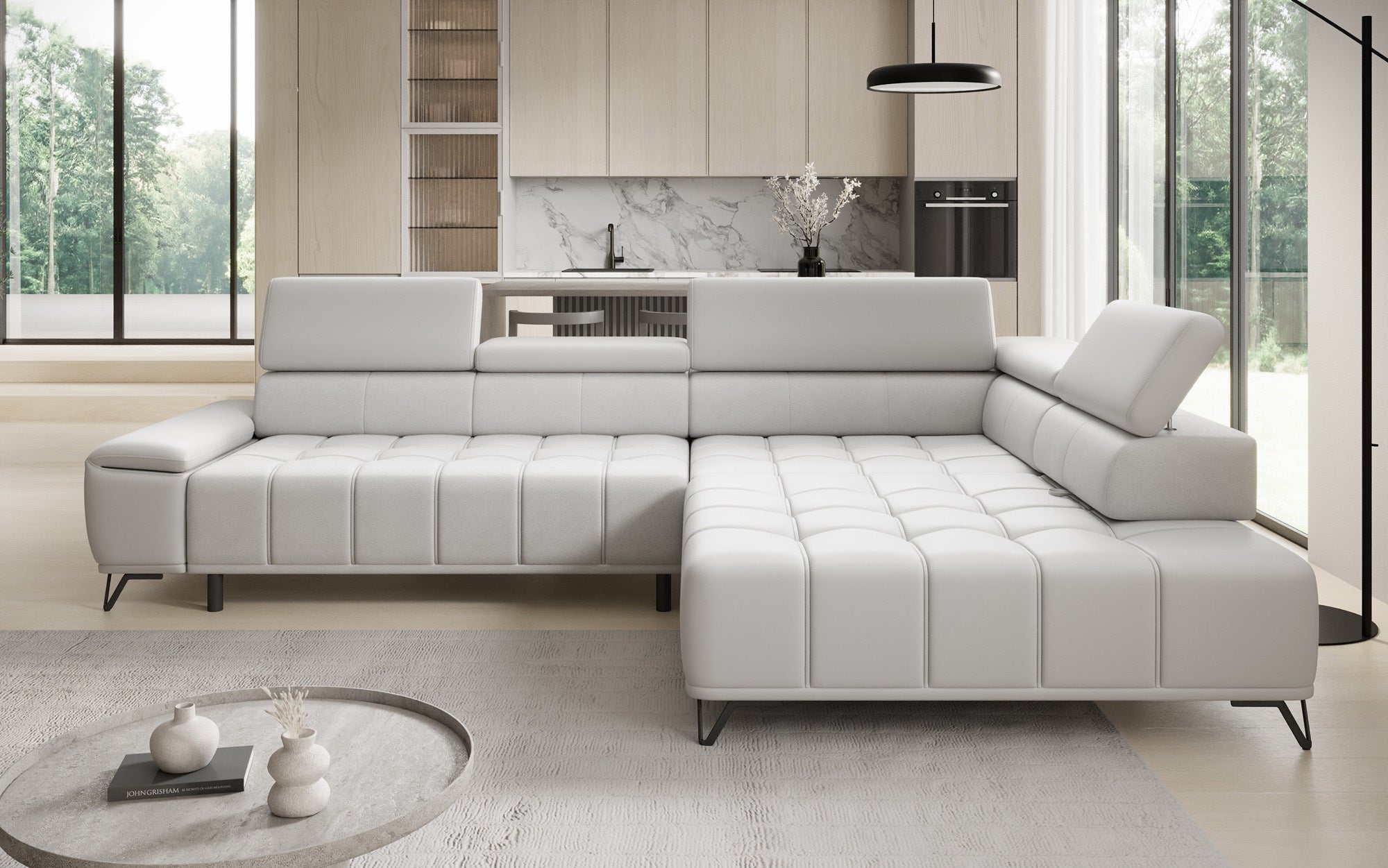 Designer L Sofa Selora with electric sleeping function and adjustable backrest in genuine leather