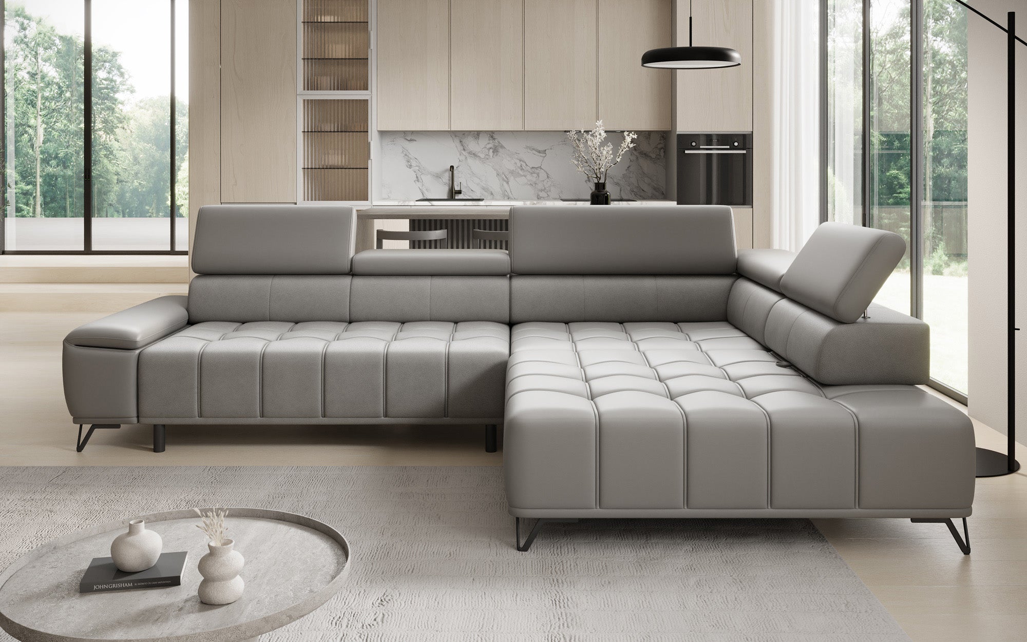 Designer L Sofa Selora with electric sleeping function and adjustable backrest in genuine leather