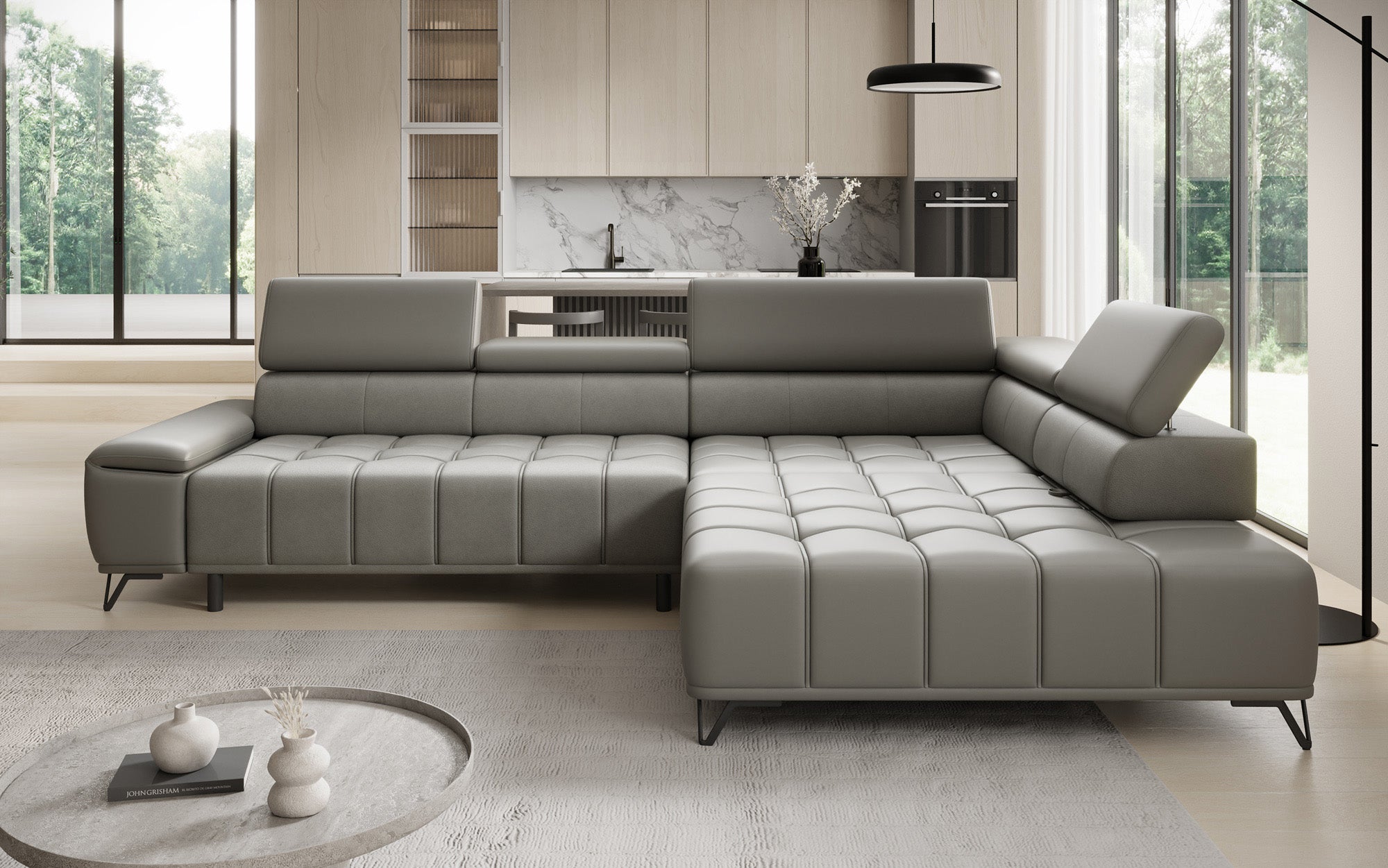 Designer L Sofa Selora with electric sleeping function and adjustable backrest in genuine leather