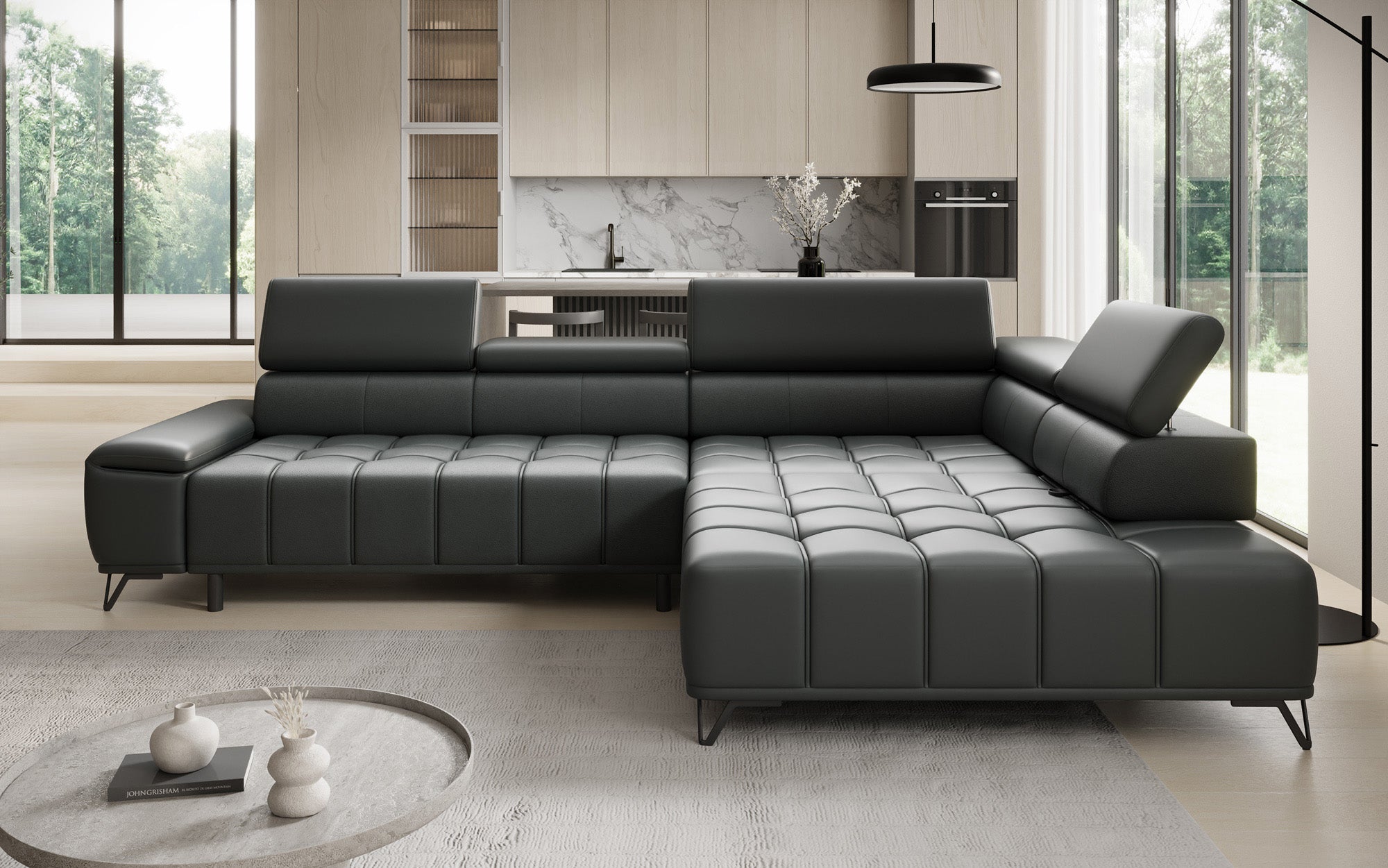 Designer L Sofa Selora with electric sleeping function and adjustable backrest in genuine leather