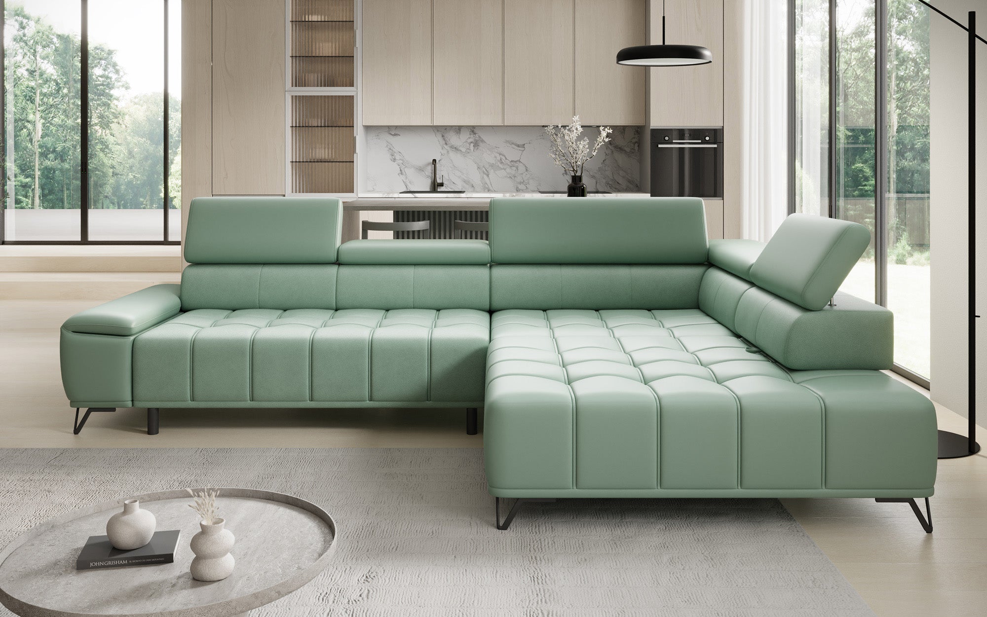 Designer L Sofa Selora with electric sleeping function and adjustable backrest in genuine leather