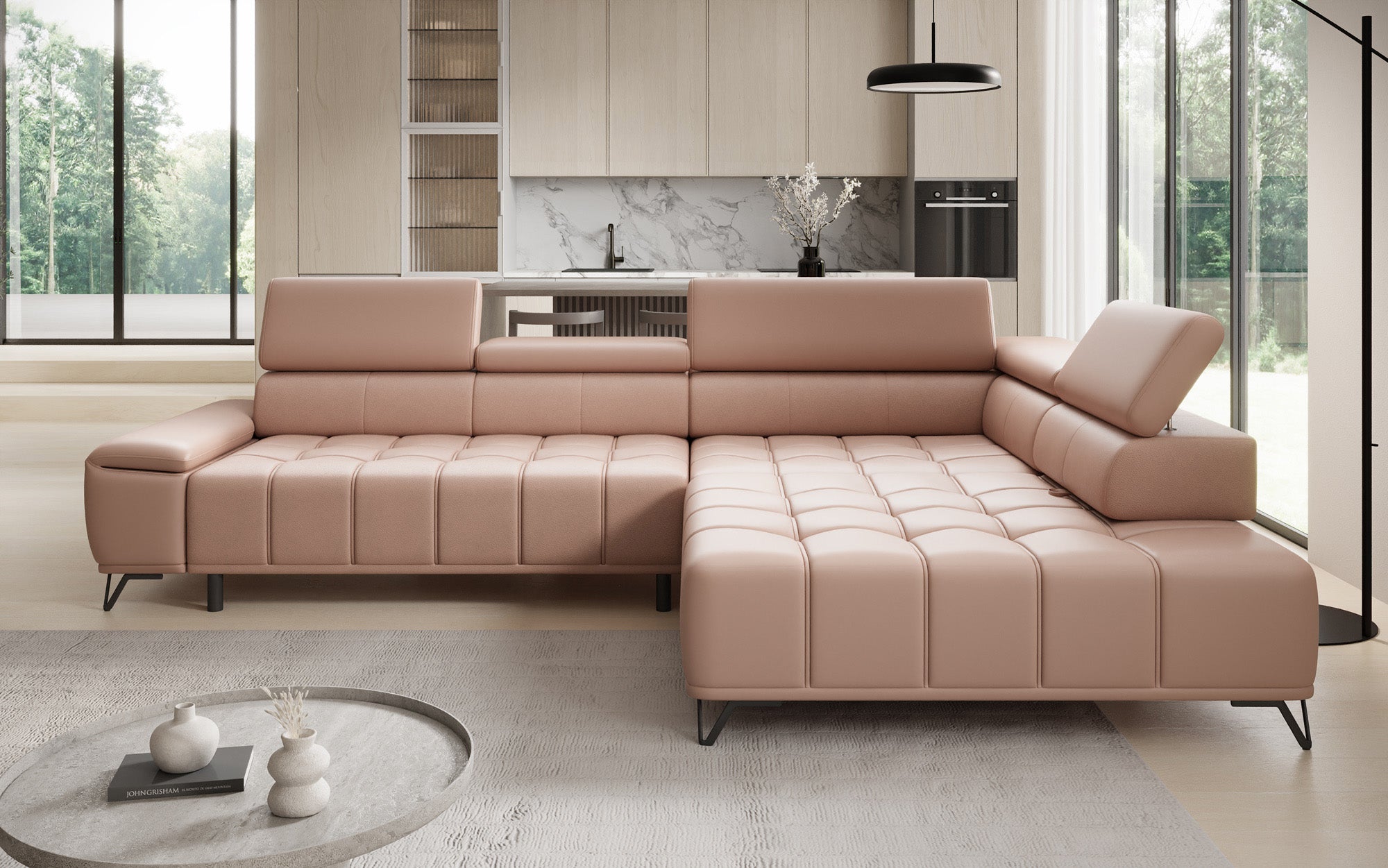 Designer L Sofa Selora with electric sleeping function and adjustable backrest in genuine leather