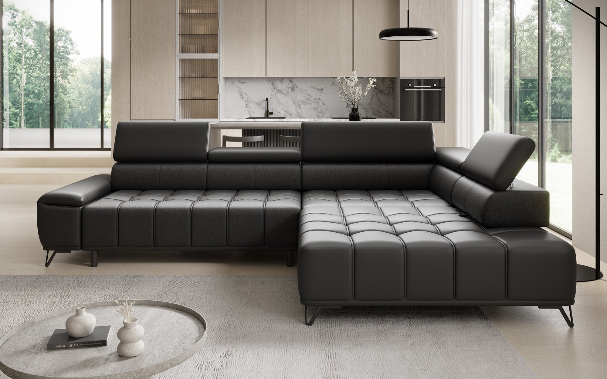 Designer L Sofa Selora with electric sleeping function and adjustable backrest in genuine leather