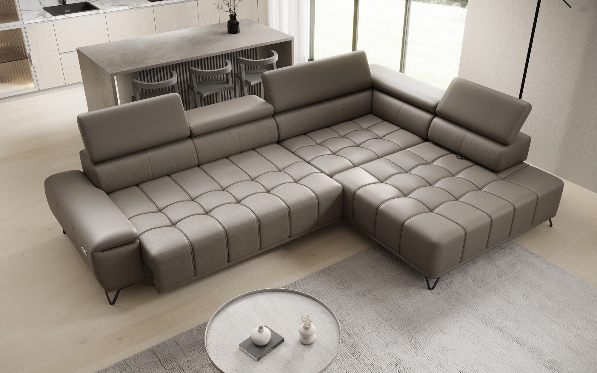 Designer L Sofa Selora with electric sleeping function and adjustable backrest in genuine leather