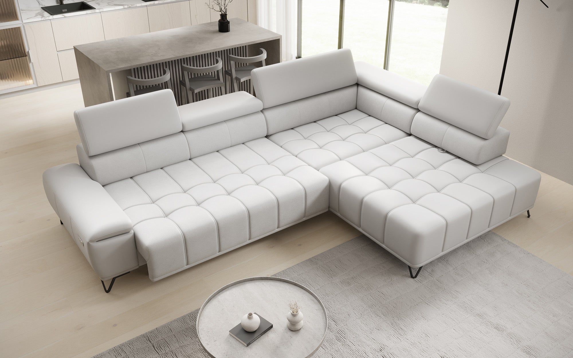 Designer L Sofa Selora with electric sleeping function and adjustable backrest in genuine leather