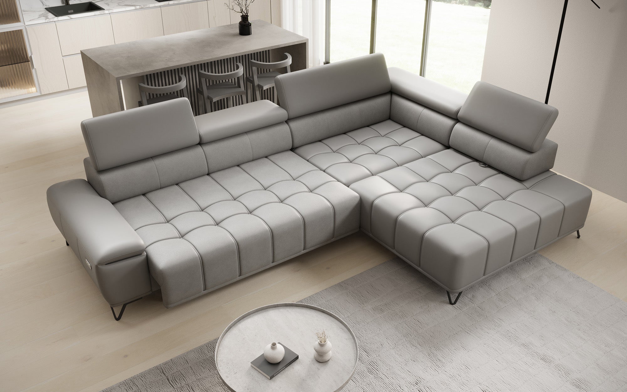 Designer L Sofa Selora with electric sleeping function and adjustable backrest in genuine leather