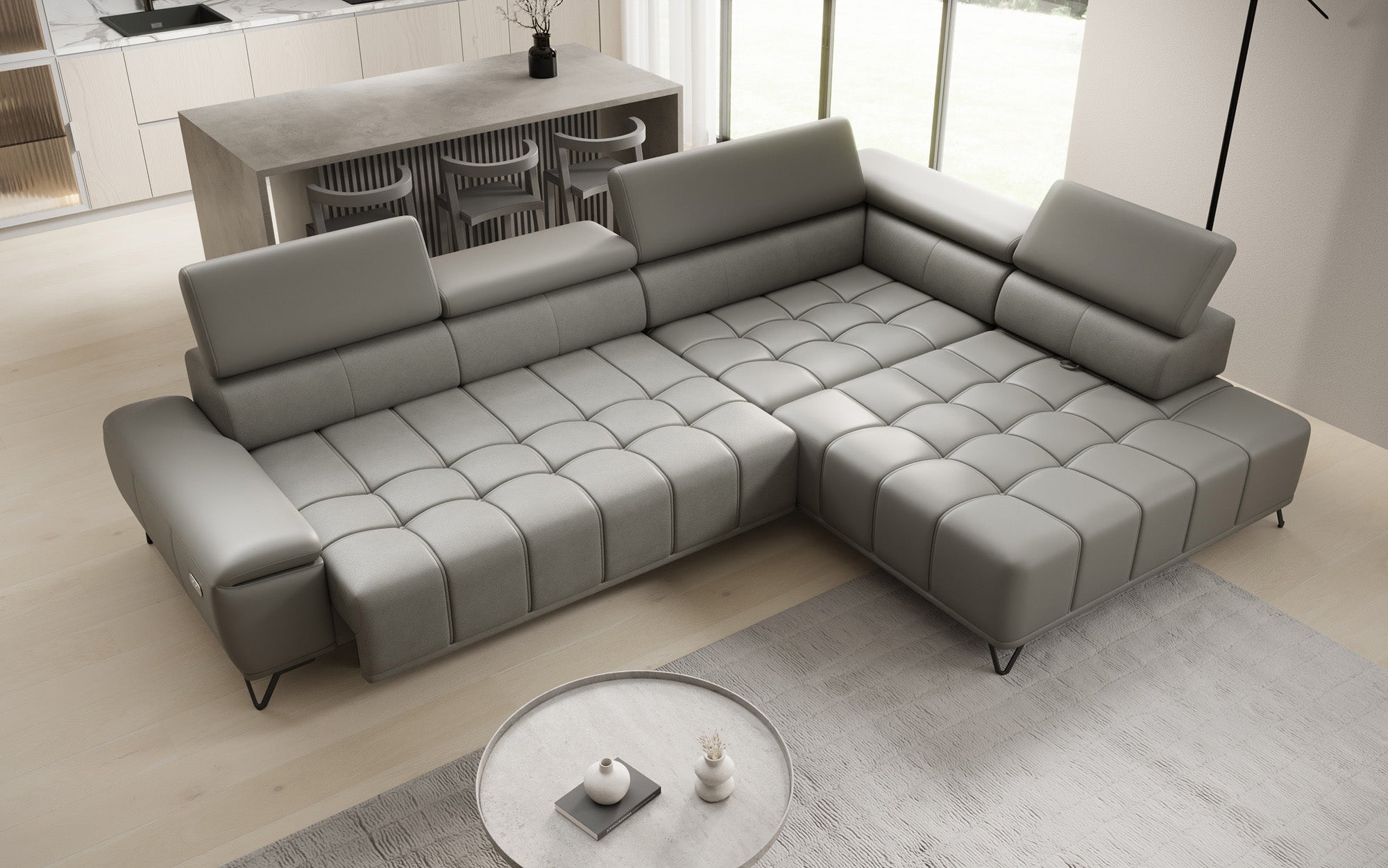 Designer L Sofa Selora with electric sleeping function and adjustable backrest in genuine leather