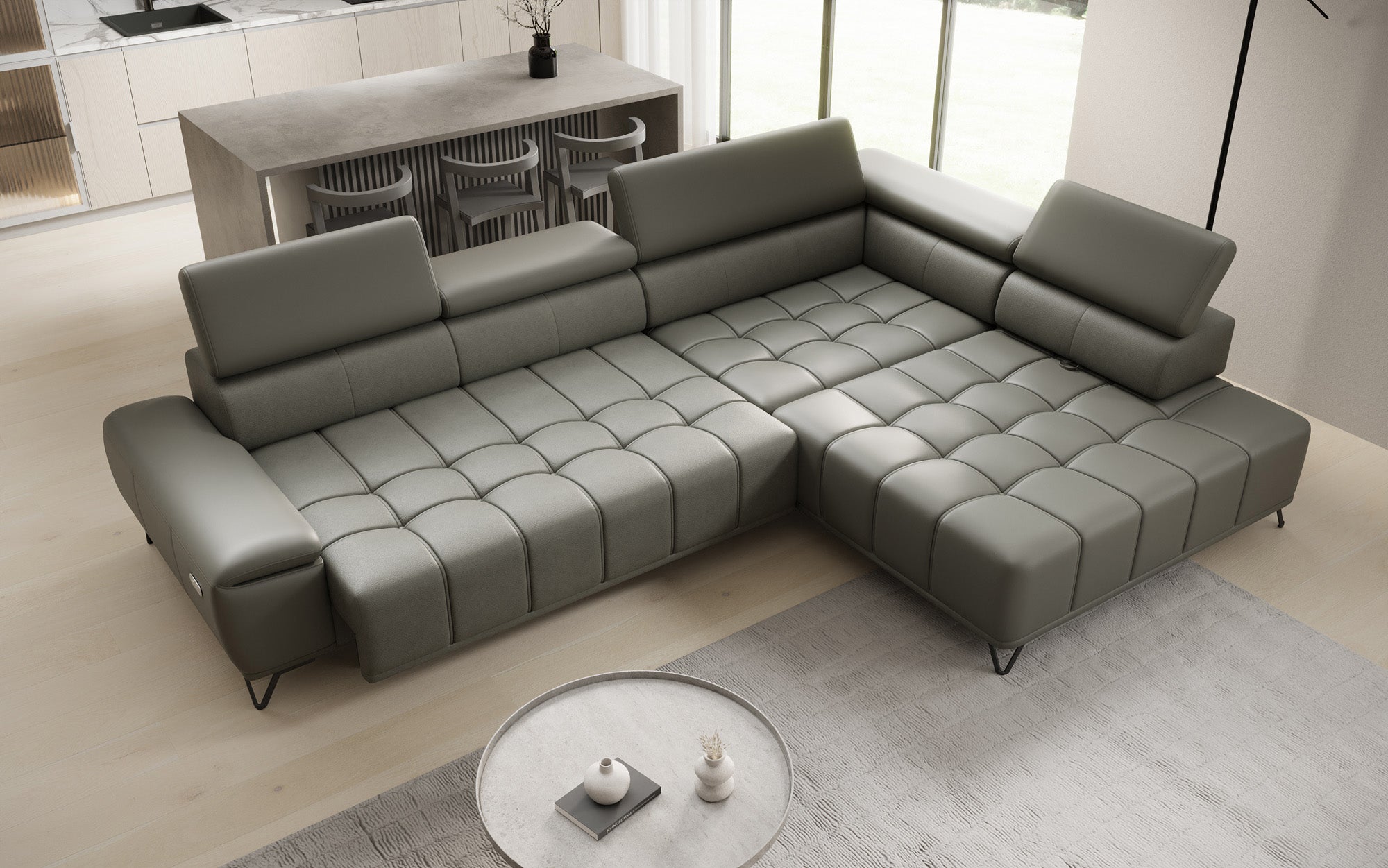 Designer L Sofa Selora with electric sleeping function and adjustable backrest in genuine leather