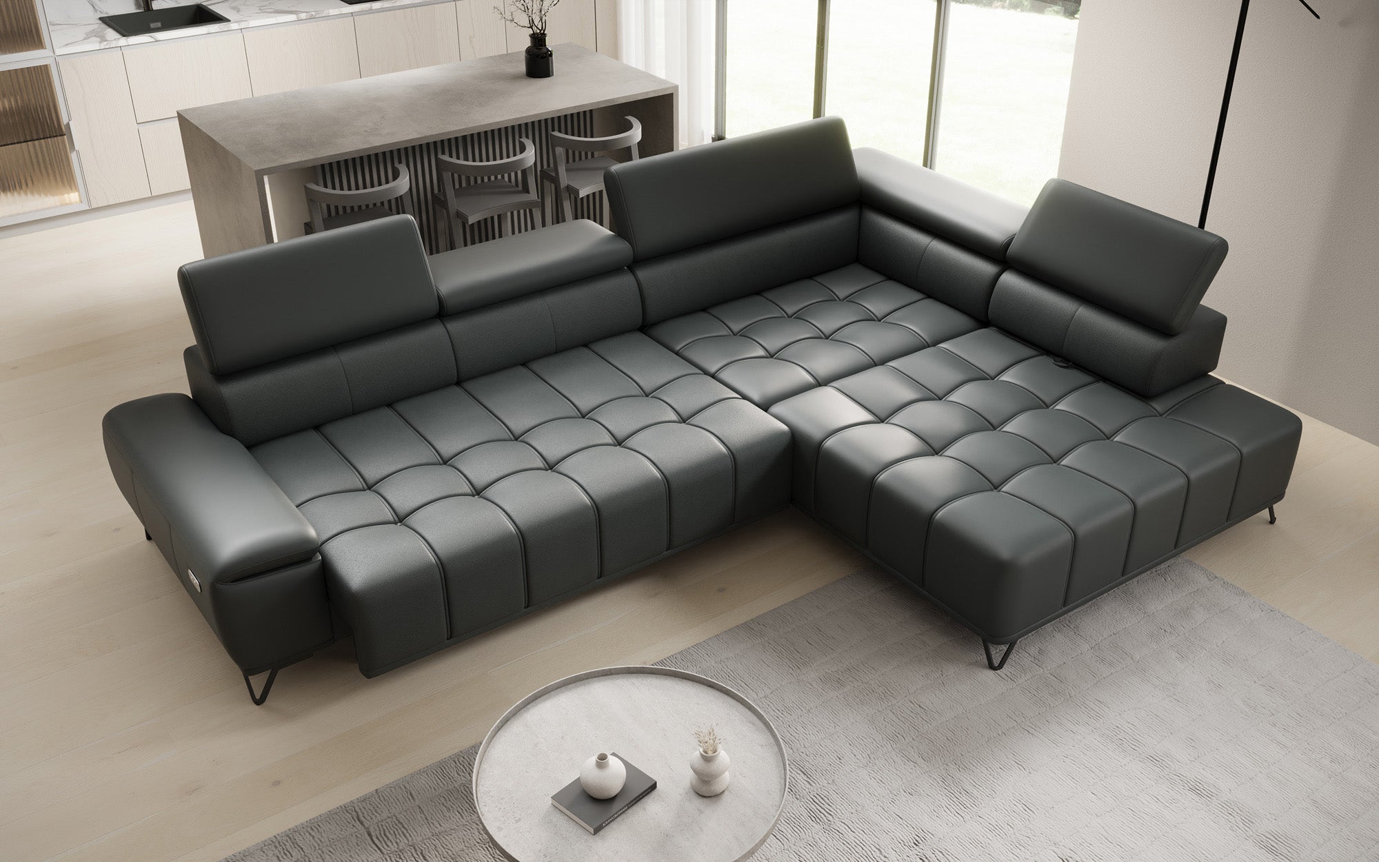 Designer L Sofa Selora with electric sleeping function and adjustable backrest in genuine leather
