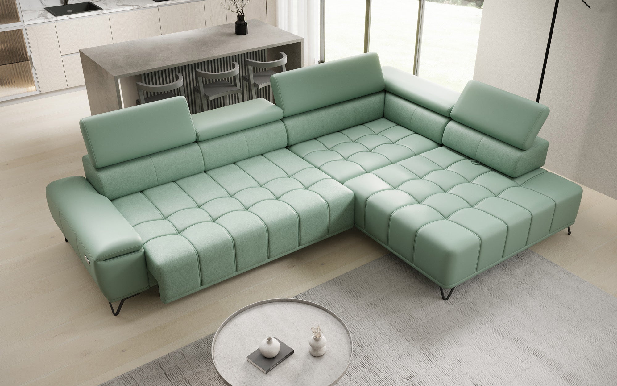 Designer L Sofa Selora with electric sleeping function and adjustable backrest in genuine leather