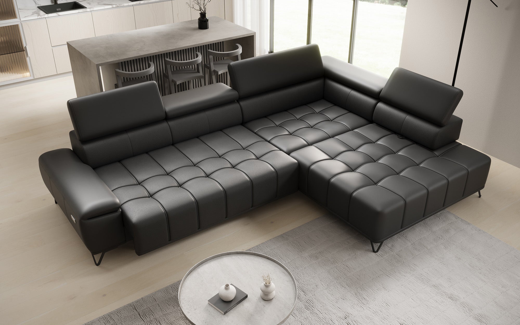 Designer L Sofa Selora with electric sleeping function and adjustable backrest in genuine leather