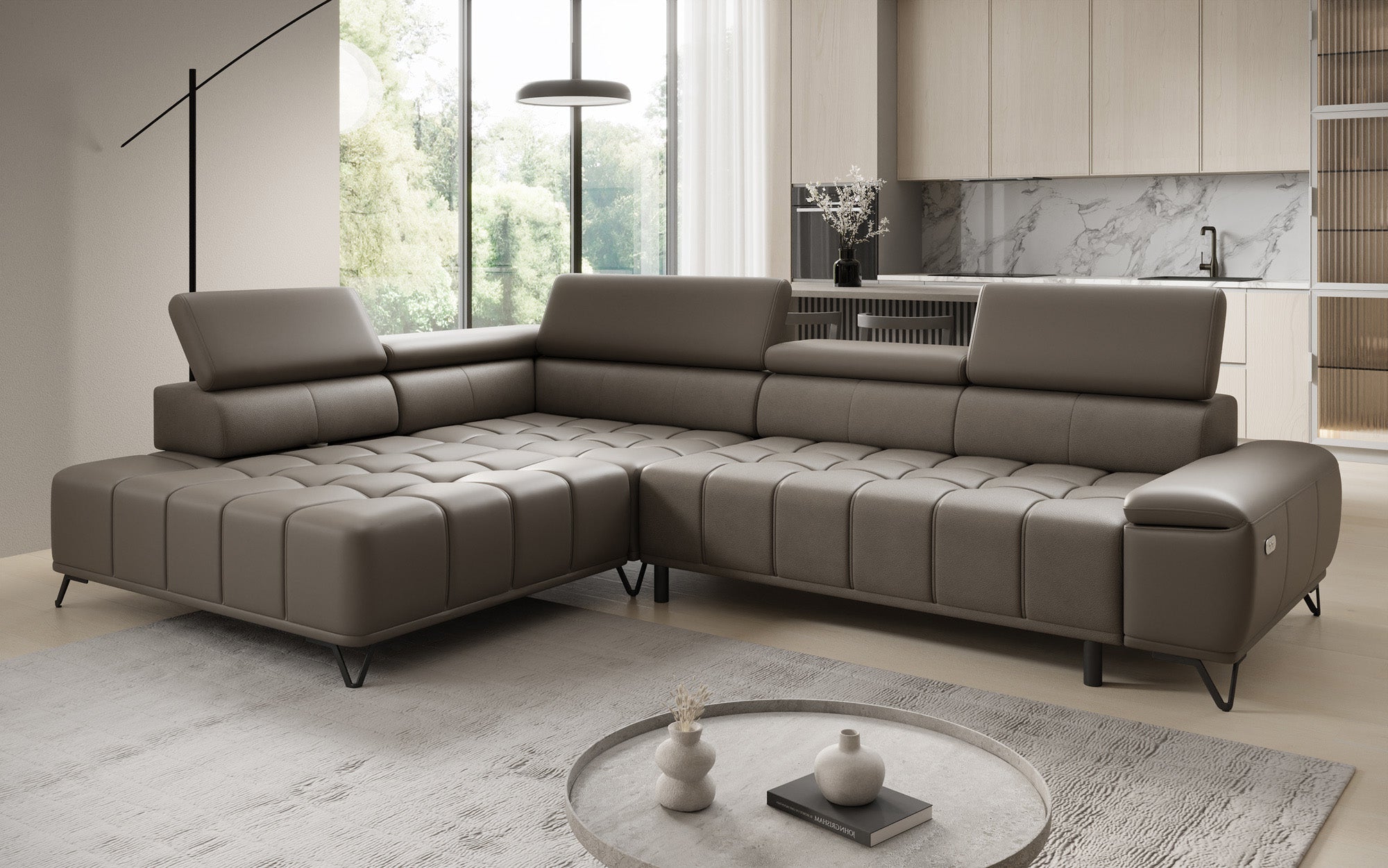 Designer L Sofa Selora with electric sleeping function and adjustable backrest in genuine leather