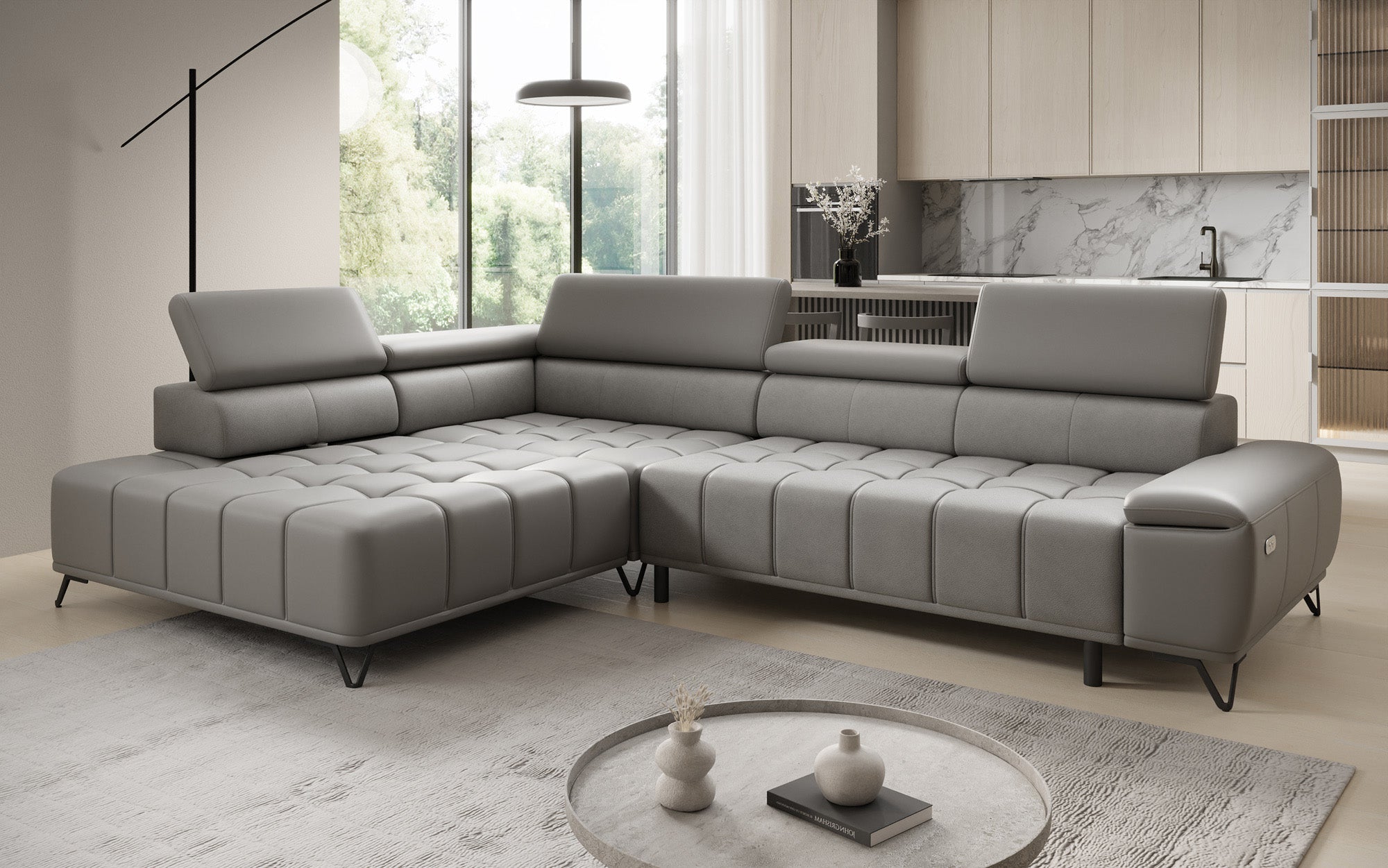 Designer L Sofa Selora with electric sleeping function and adjustable backrest in genuine leather