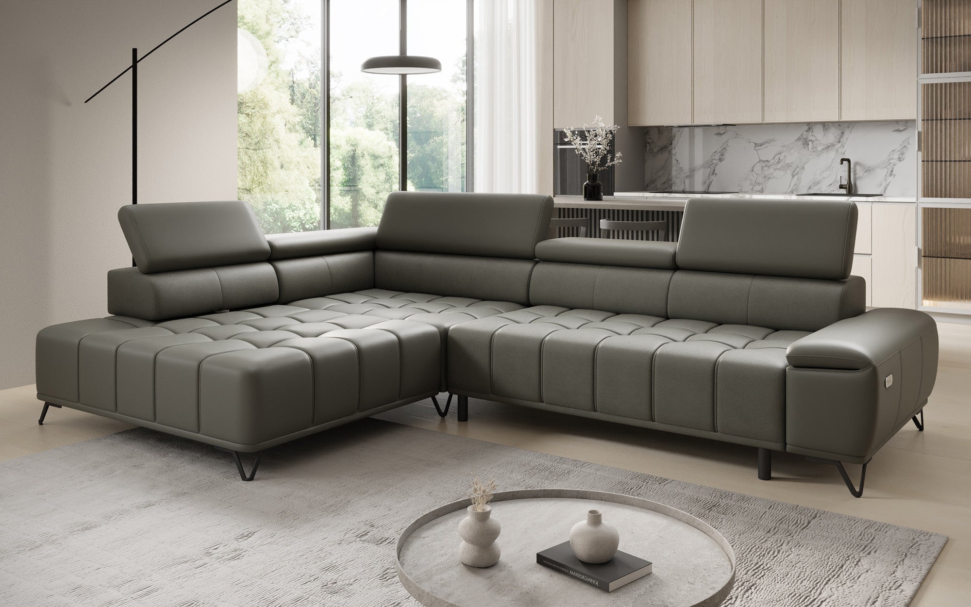 Designer L Sofa Selora with electric sleeping function and adjustable backrest in genuine leather