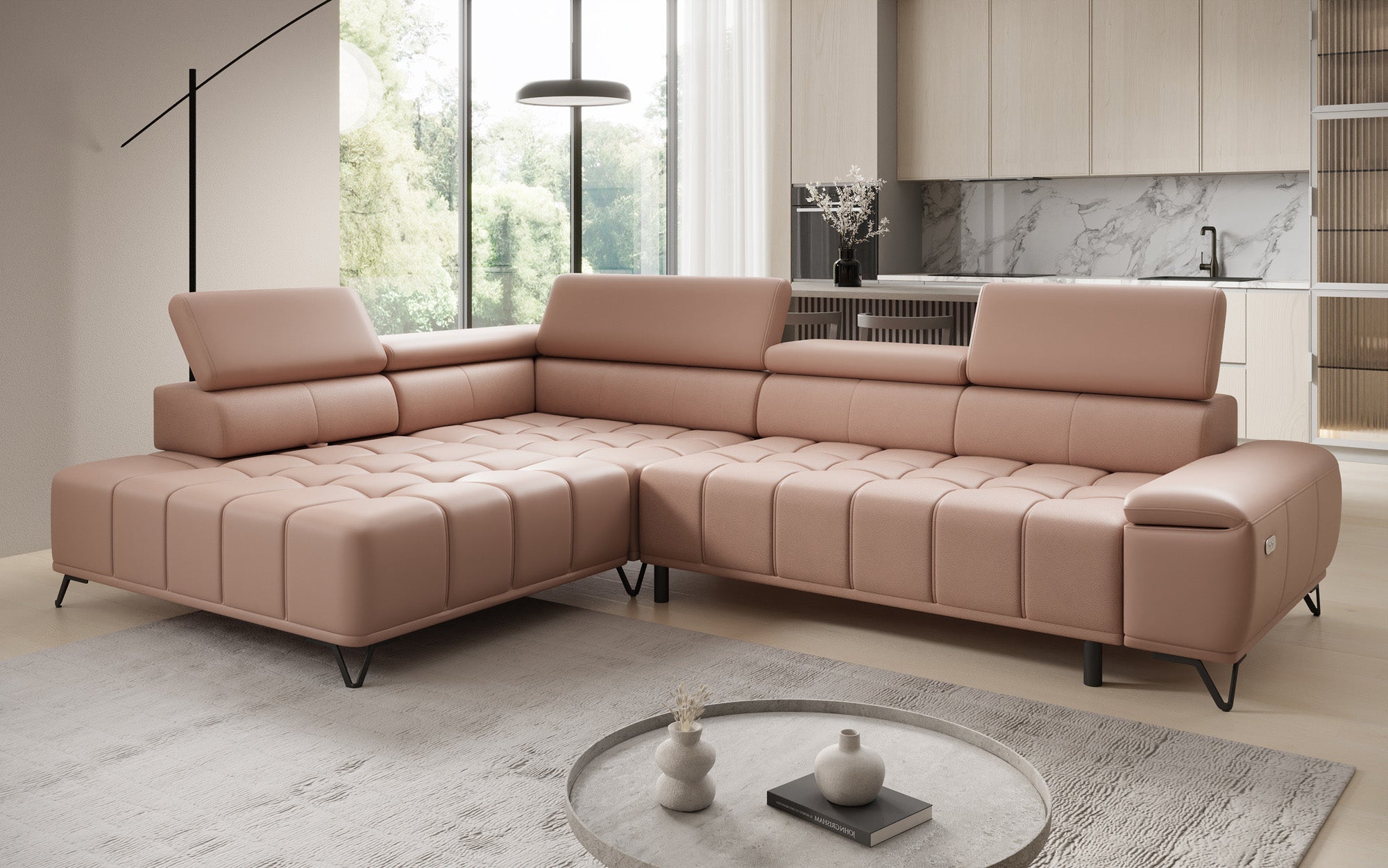 Designer L Sofa Selora with electric sleeping function and adjustable backrest in genuine leather