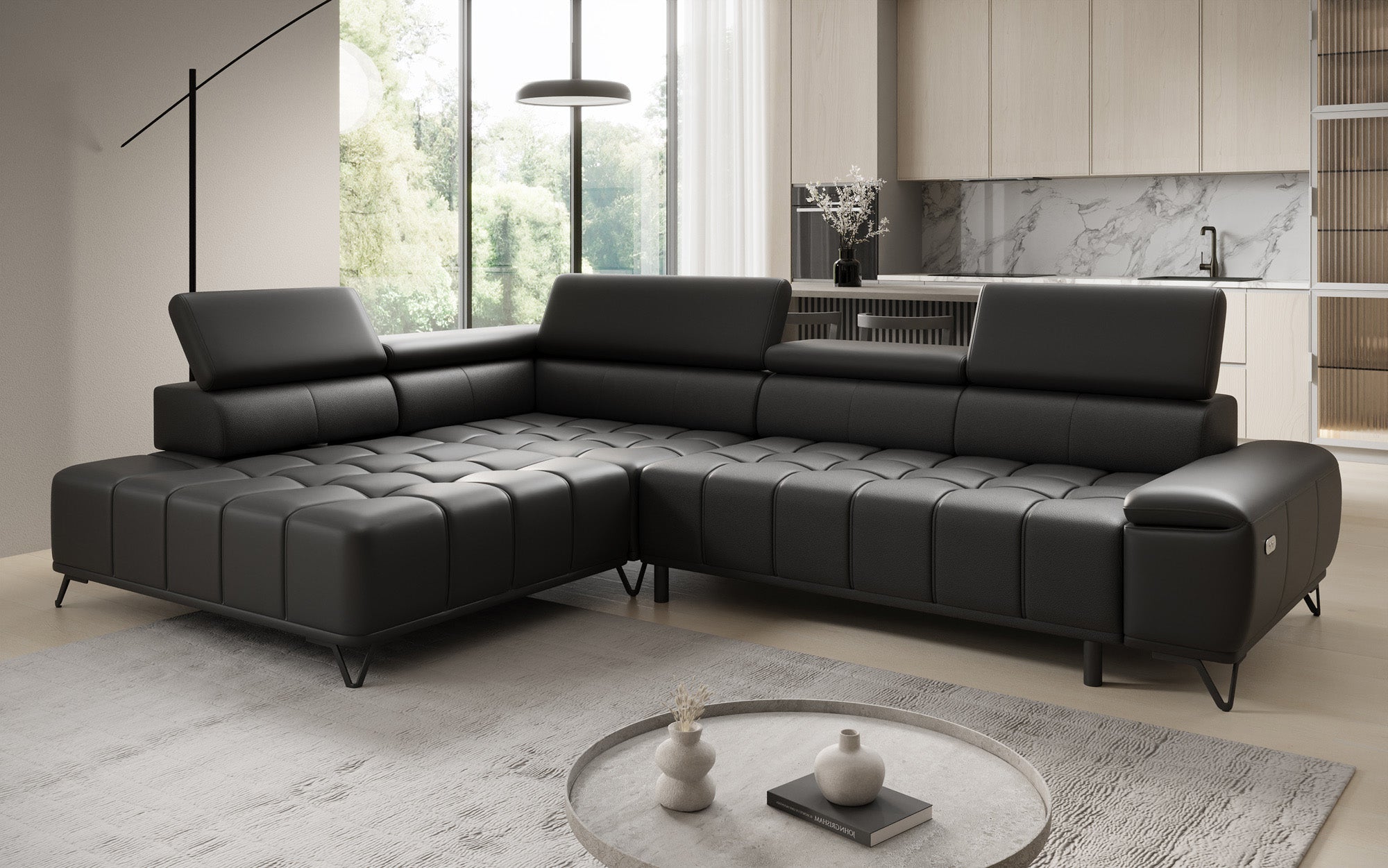Designer L Sofa Selora with electric sleeping function and adjustable backrest in genuine leather