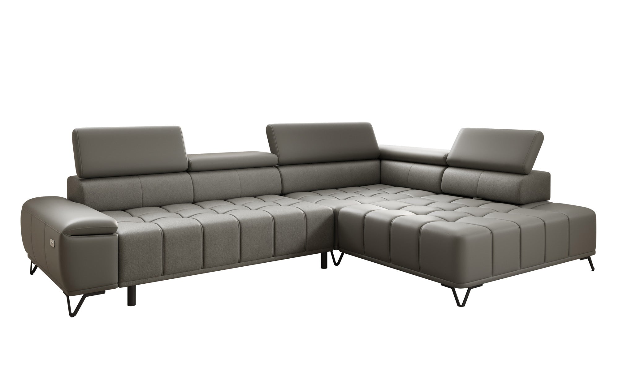 Designer L Sofa Selora with electric sleeping function and adjustable backrest in genuine leather