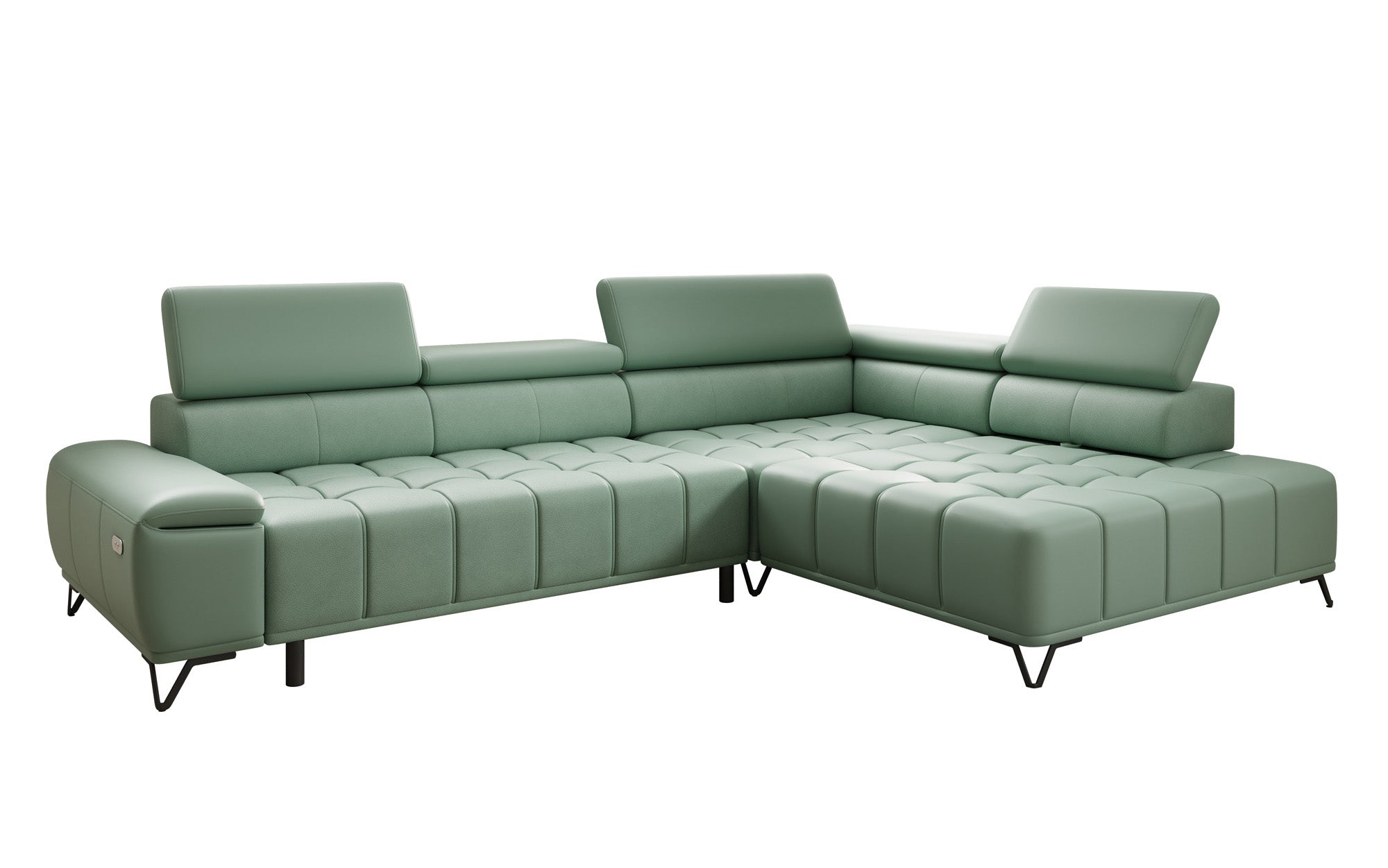 Designer L Sofa Selora with electric sleeping function and adjustable backrest in genuine leather