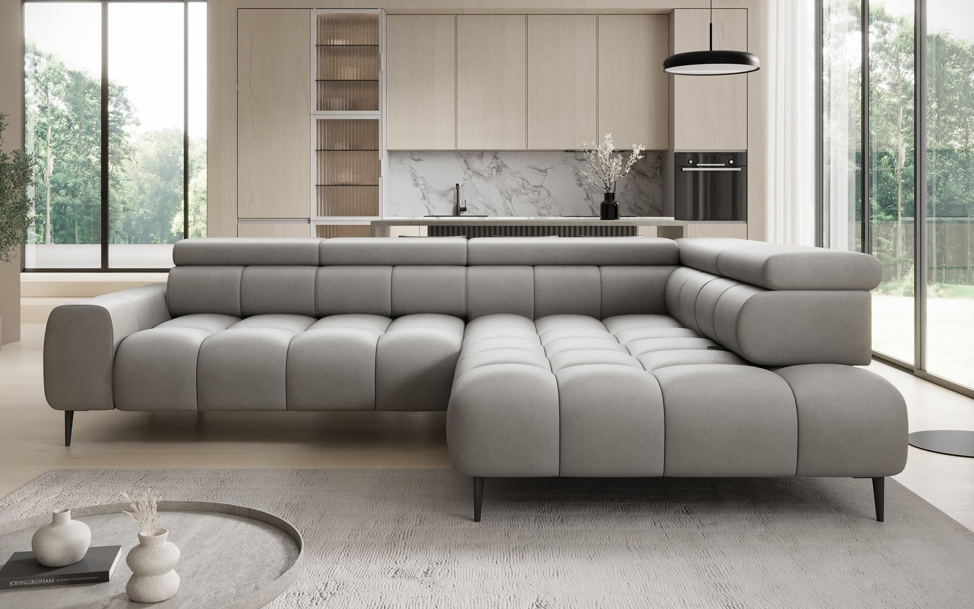 Designer Sofa Ceora L with electric sleeping function and adjustable backrest in genuine leather