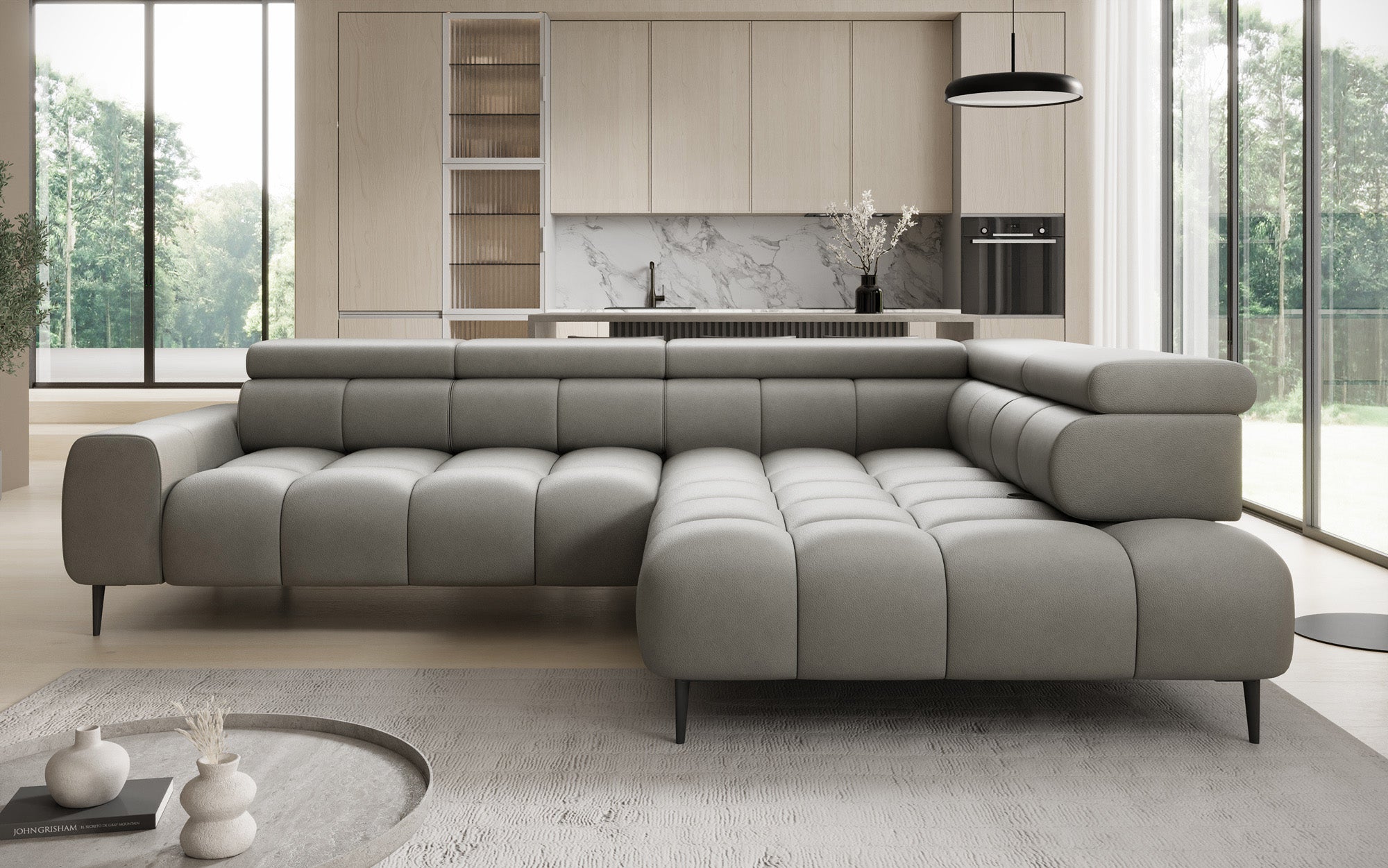 Designer Sofa Ceora L with electric sleeping function and adjustable backrest in genuine leather