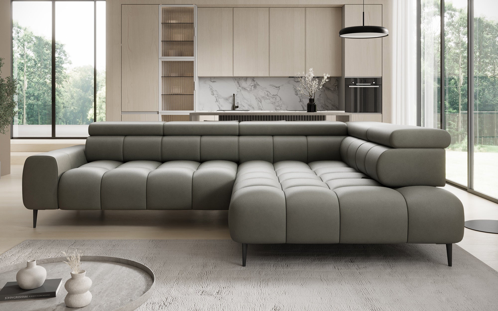 Designer Sofa Ceora L with electric sleeping function and adjustable backrest in genuine leather