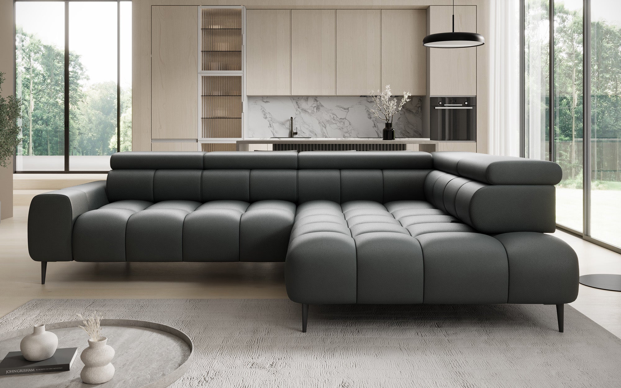 Designer Sofa Ceora L with electric sleeping function and adjustable backrest in genuine leather