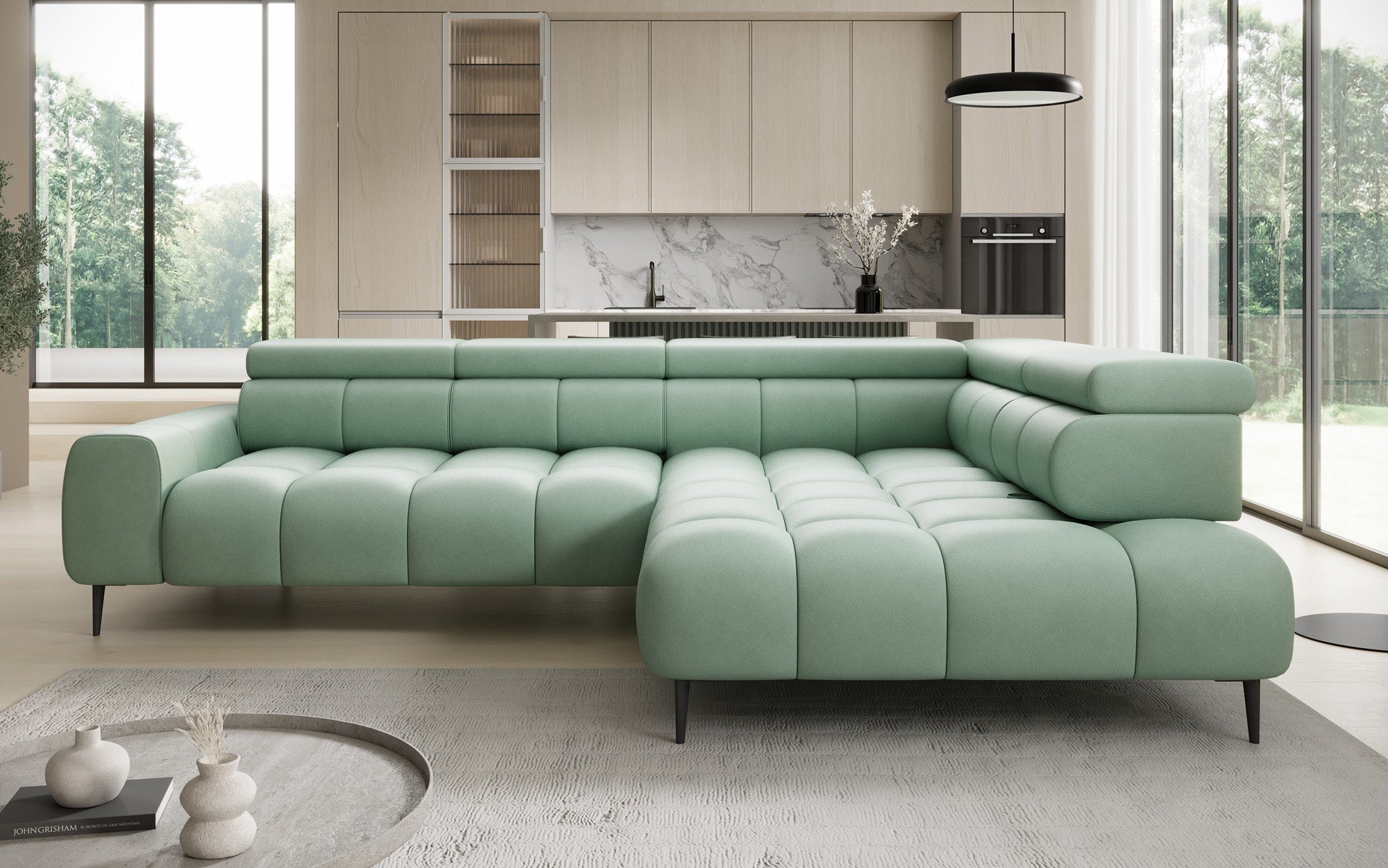 Designer Sofa Ceora L with electric sleeping function and adjustable backrest in genuine leather