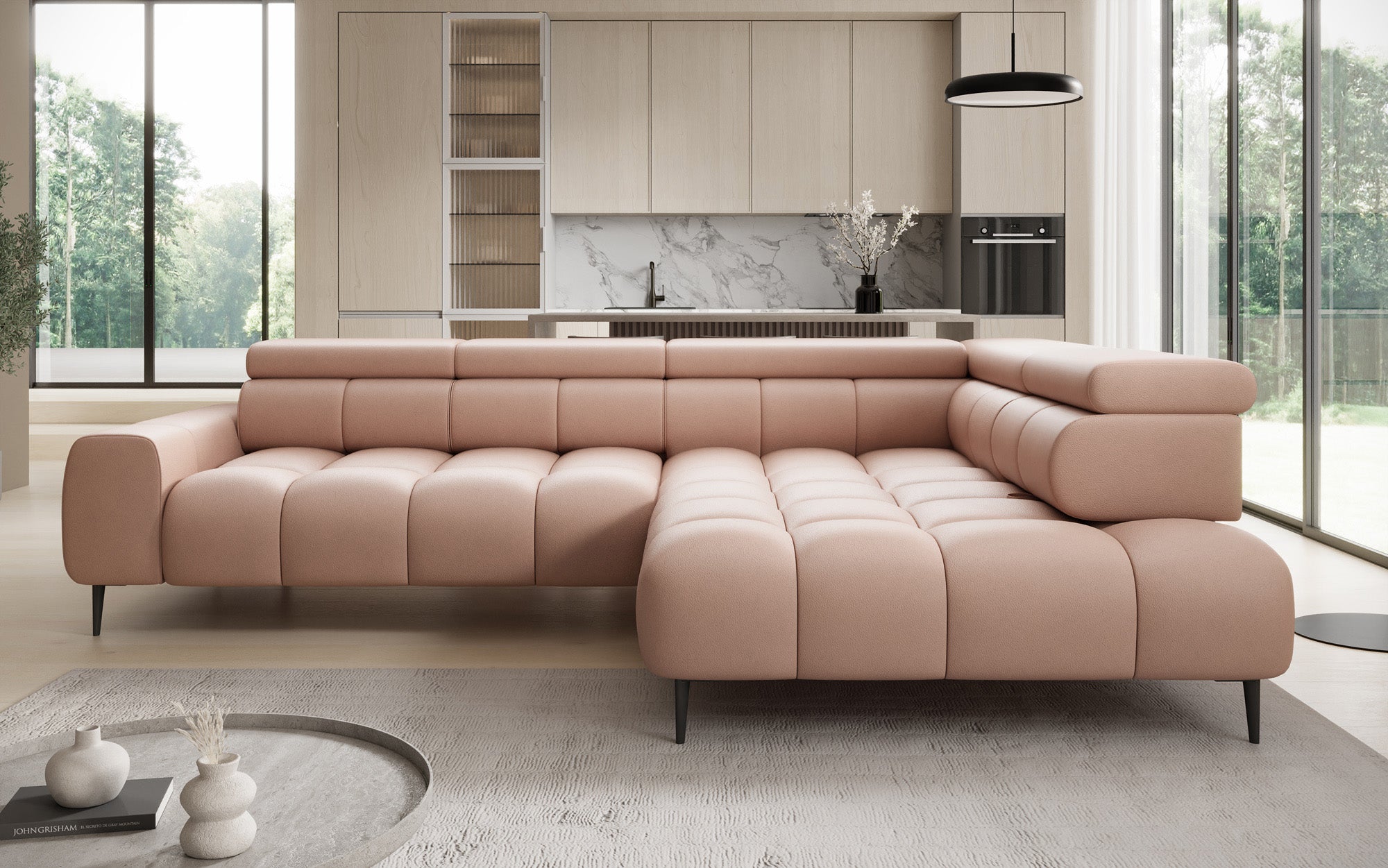 Designer Sofa Ceora L with electric sleeping function and adjustable backrest in genuine leather