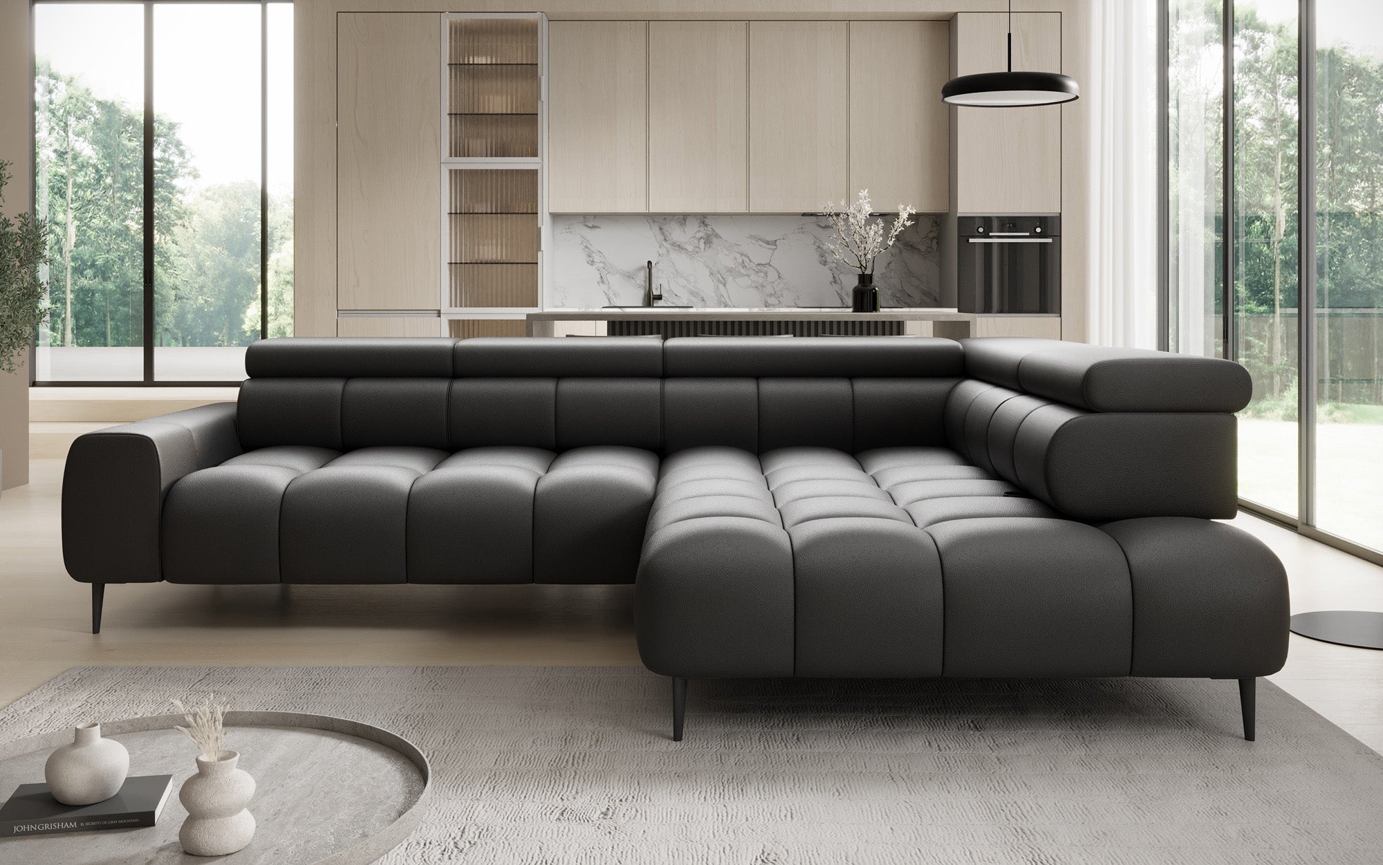 Designer Sofa Ceora L with electric sleeping function and adjustable backrest in genuine leather