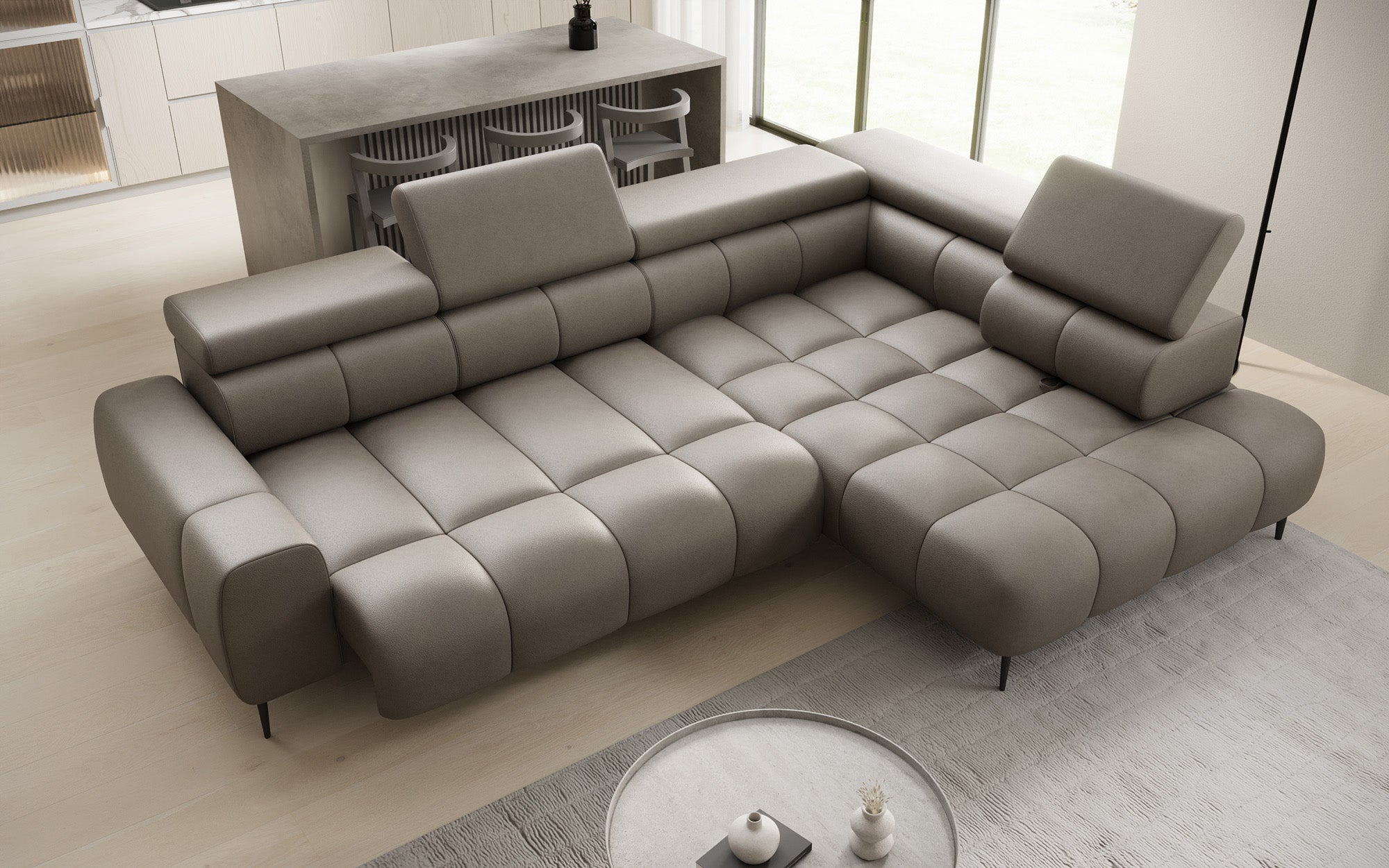 Designer Sofa Ceora L with electric sleeping function and adjustable backrest in genuine leather