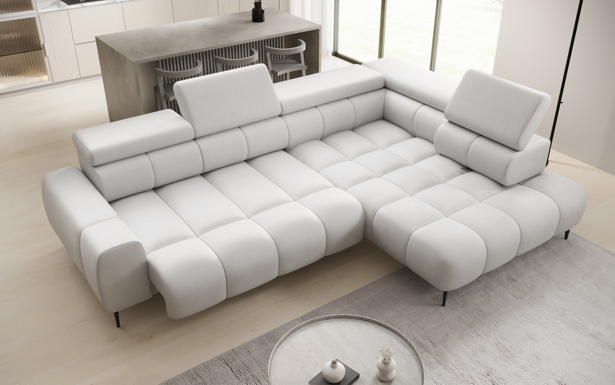 Designer Sofa Ceora L with electric sleeping function and adjustable backrest in genuine leather