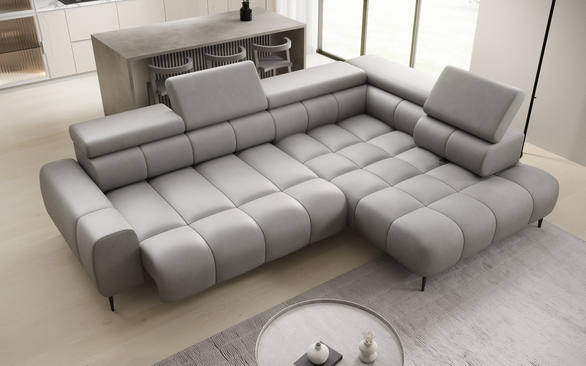 Designer Sofa Ceora L with electric sleeping function and adjustable backrest in genuine leather