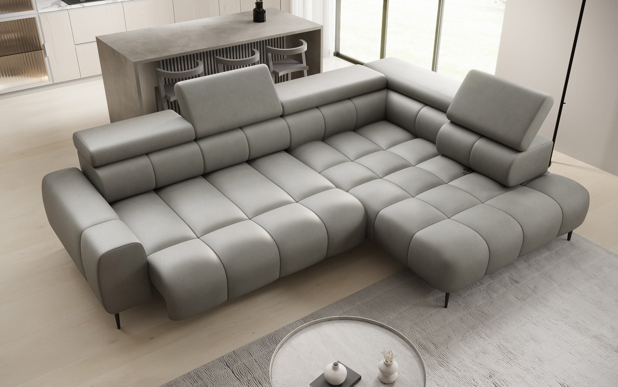 Designer Sofa Ceora L with electric sleeping function and adjustable backrest in genuine leather