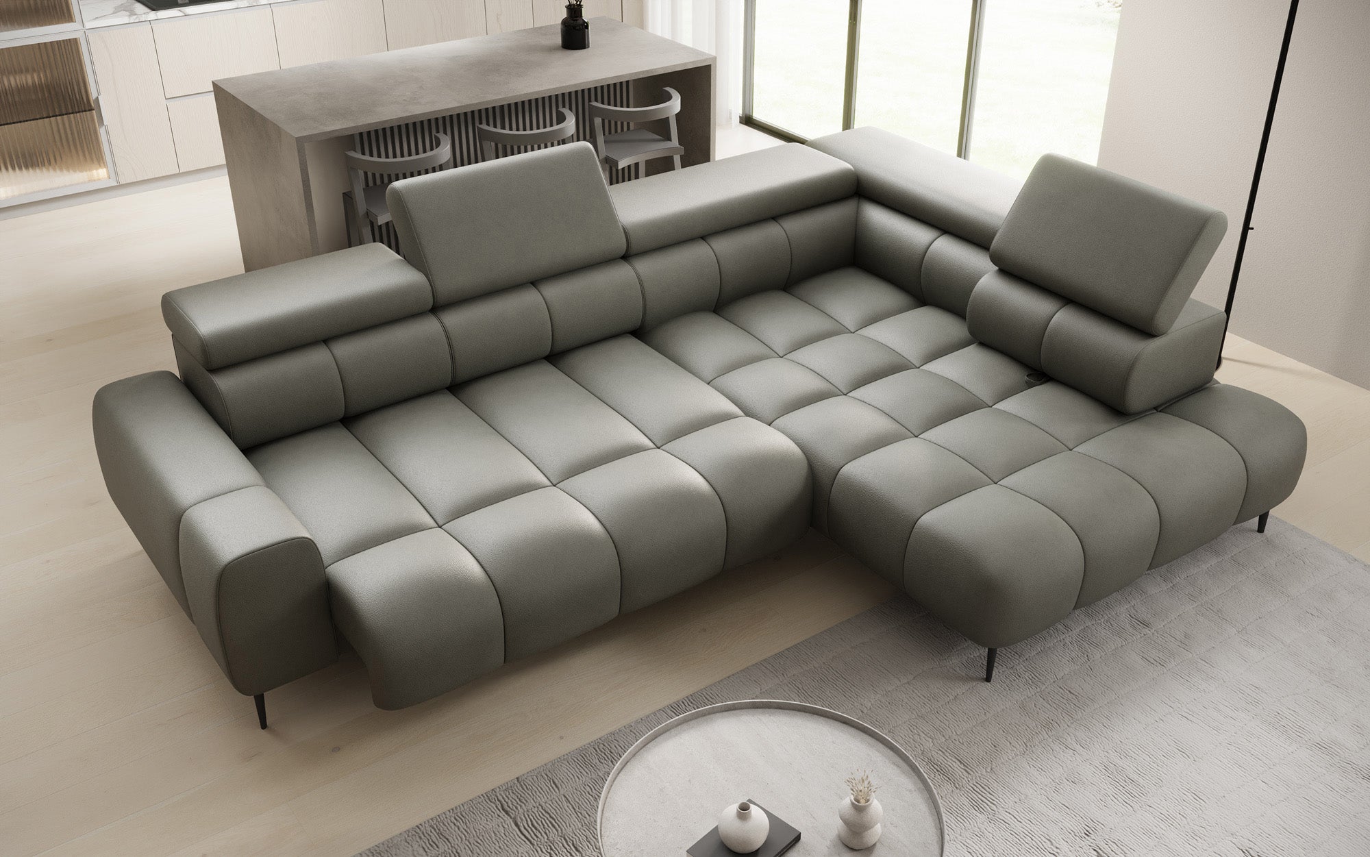 Designer Sofa Ceora L with electric sleeping function and adjustable backrest in genuine leather