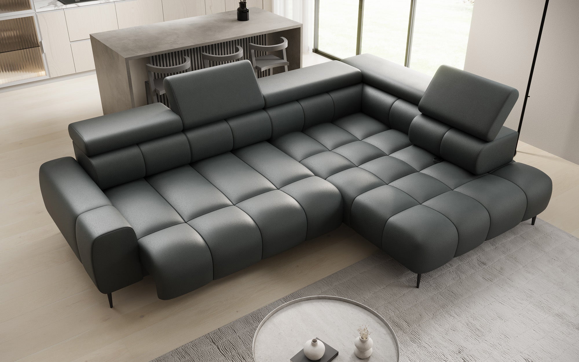 Designer Sofa Ceora L with electric sleeping function and adjustable backrest in genuine leather