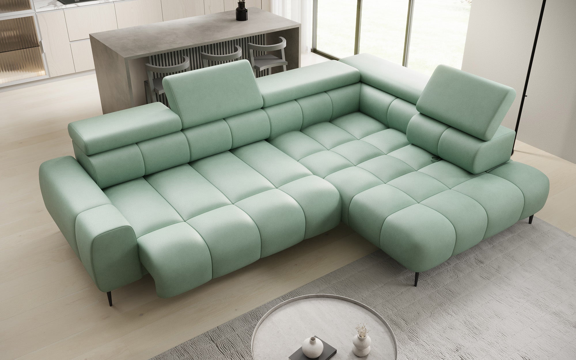 Designer Sofa Ceora L with electric sleeping function and adjustable backrest in genuine leather