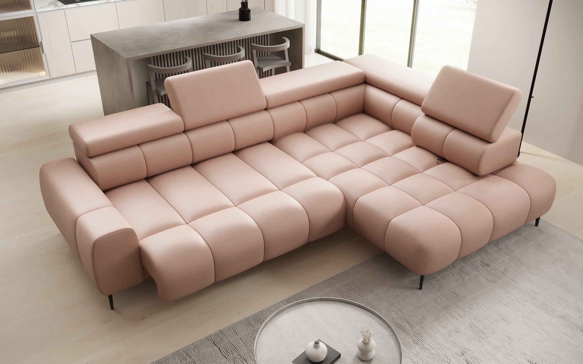 Designer Sofa Ceora L with electric sleeping function and adjustable backrest in genuine leather
