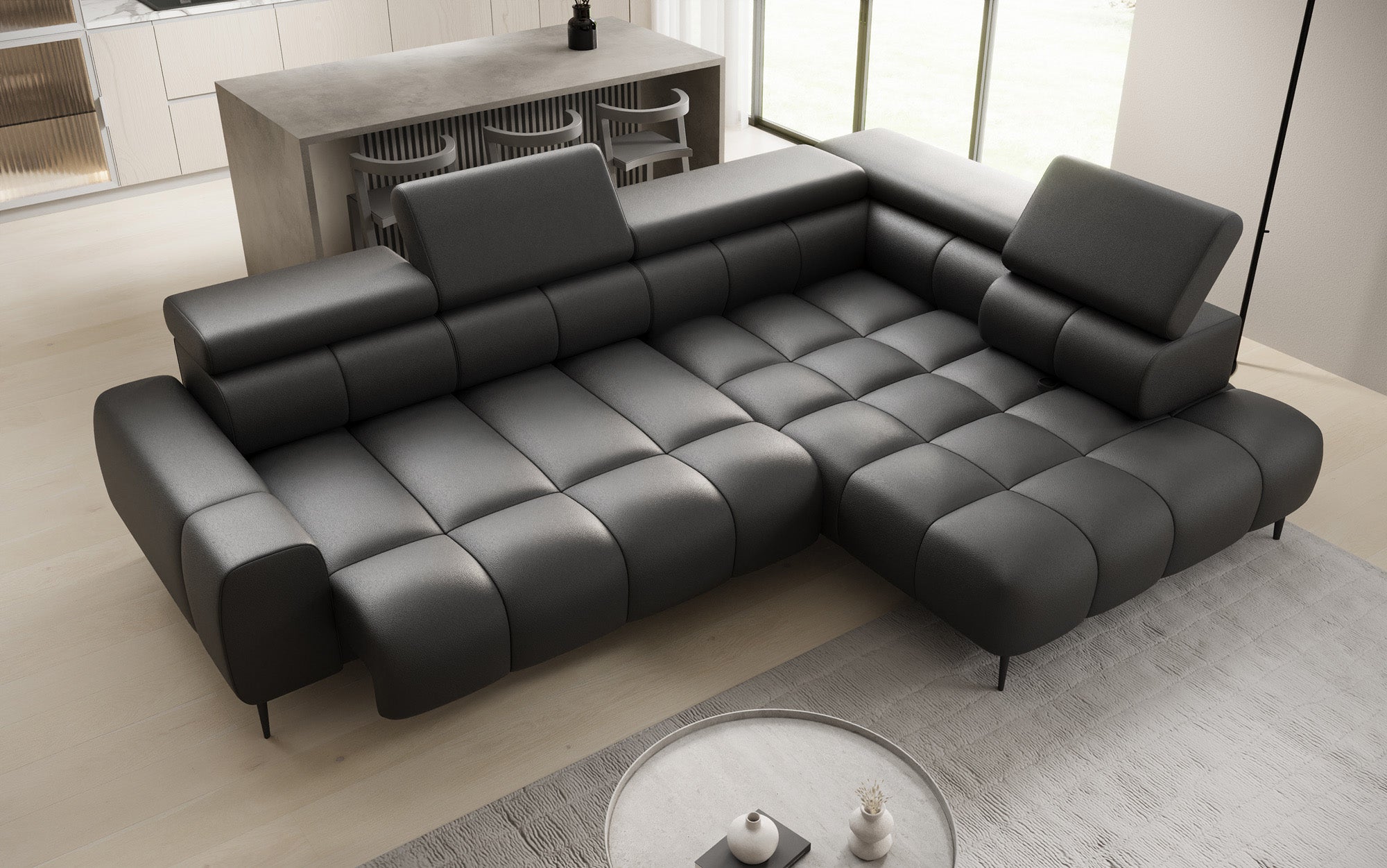 Designer Sofa Ceora L with electric sleeping function and adjustable backrest in genuine leather