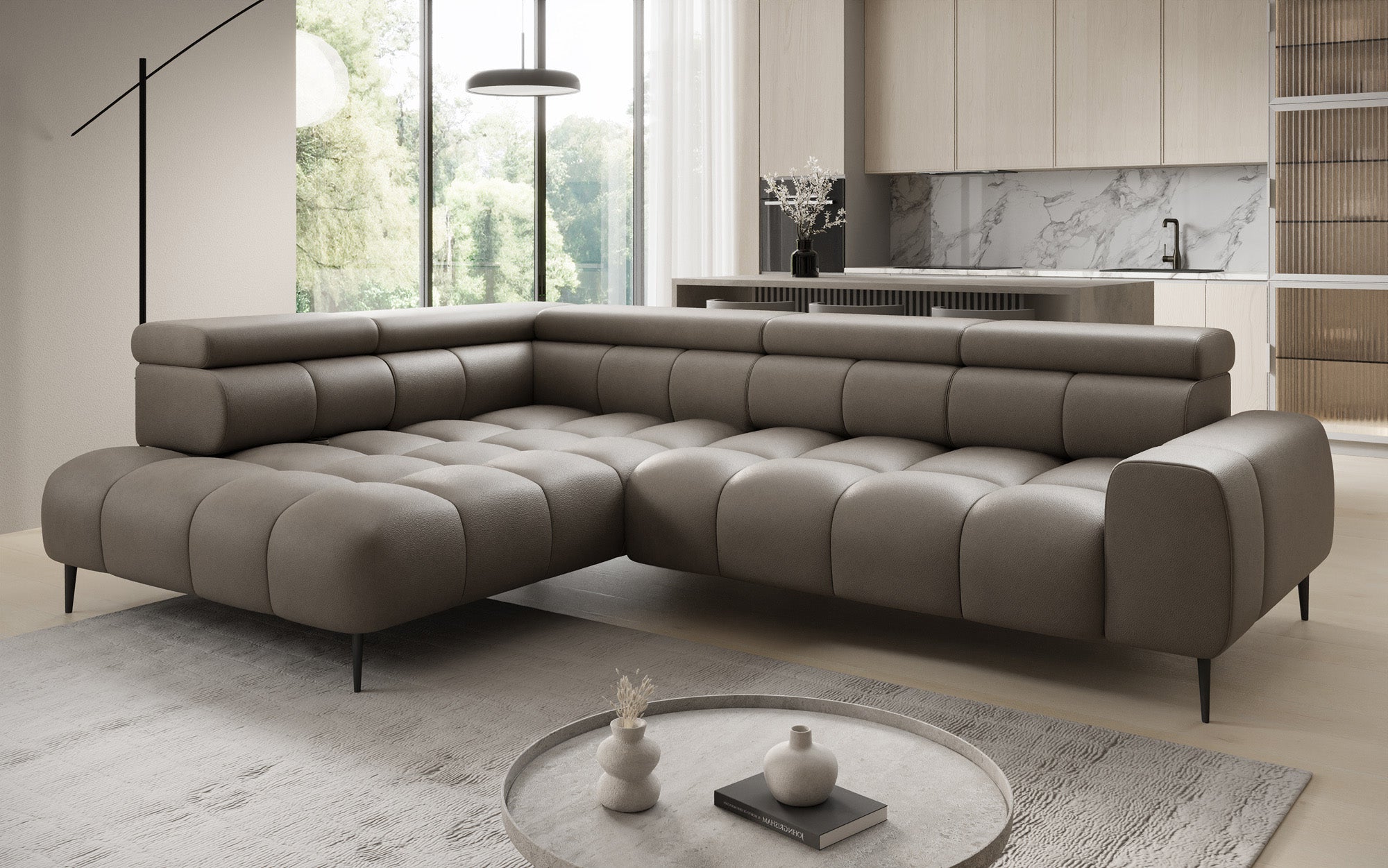 Designer Sofa Ceora L with electric sleeping function and adjustable backrest in genuine leather