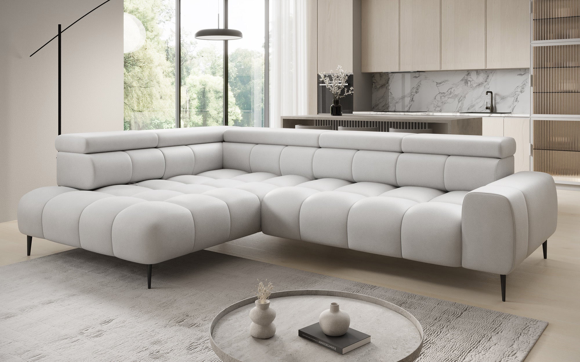 Designer Sofa Ceora L with electric sleeping function and adjustable backrest in genuine leather