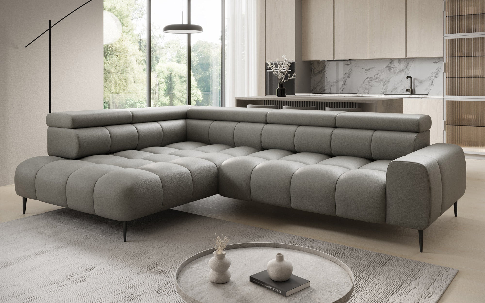 Designer Sofa Ceora L with electric sleeping function and adjustable backrest in genuine leather