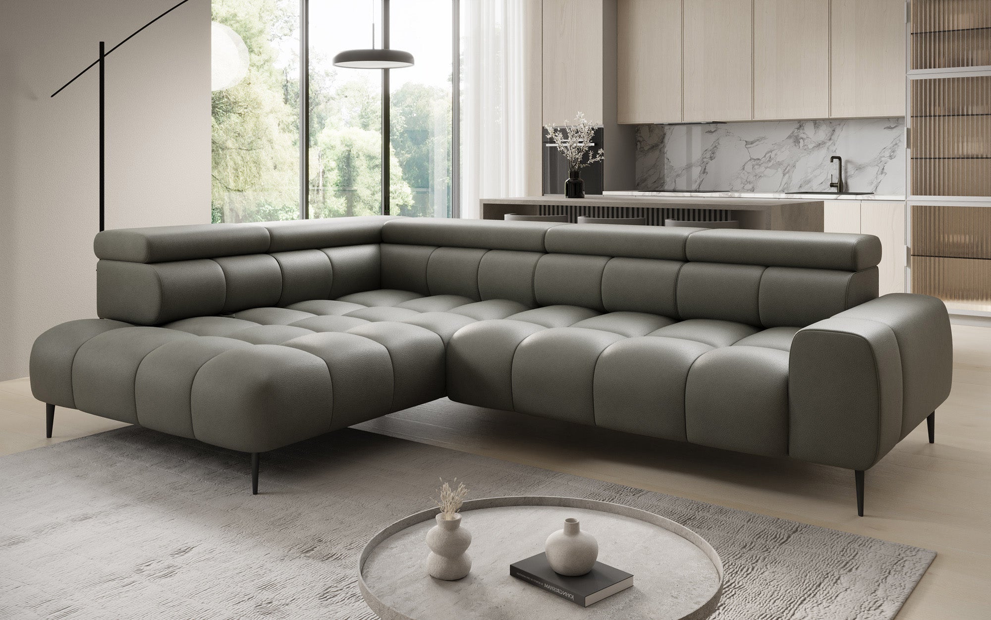 Designer Sofa Ceora L with electric sleeping function and adjustable backrest in genuine leather