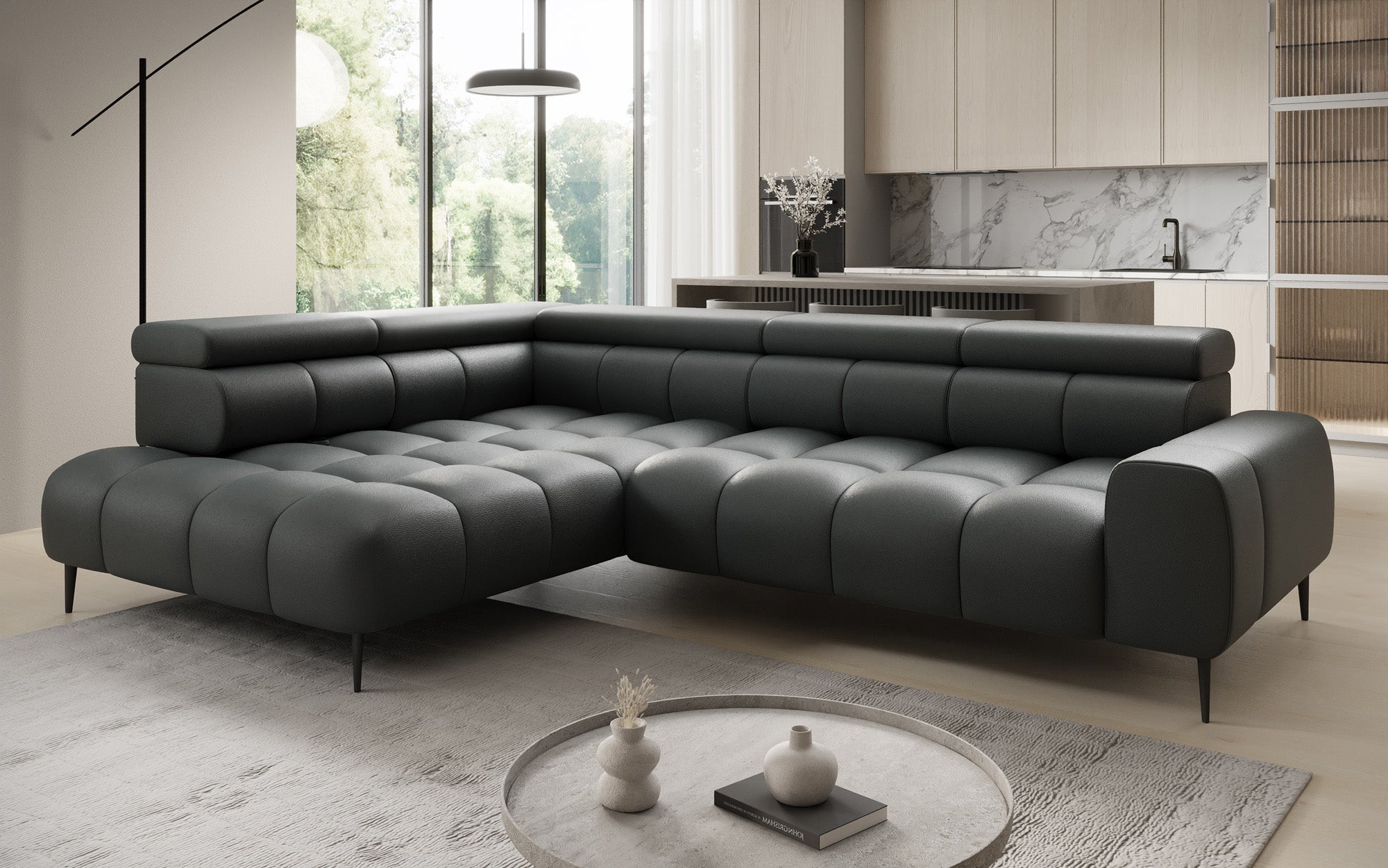 Designer Sofa Ceora L with electric sleeping function and adjustable backrest in genuine leather