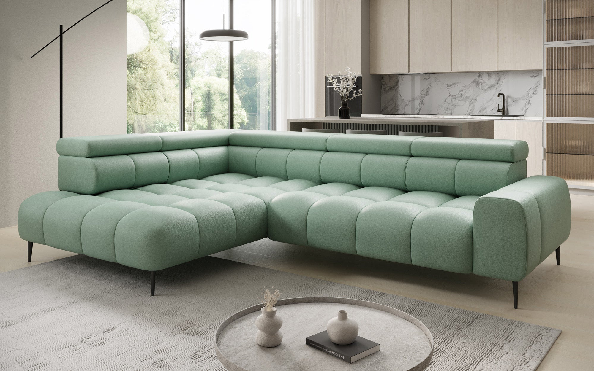 Designer Sofa Ceora L with electric sleeping function and adjustable backrest in genuine leather