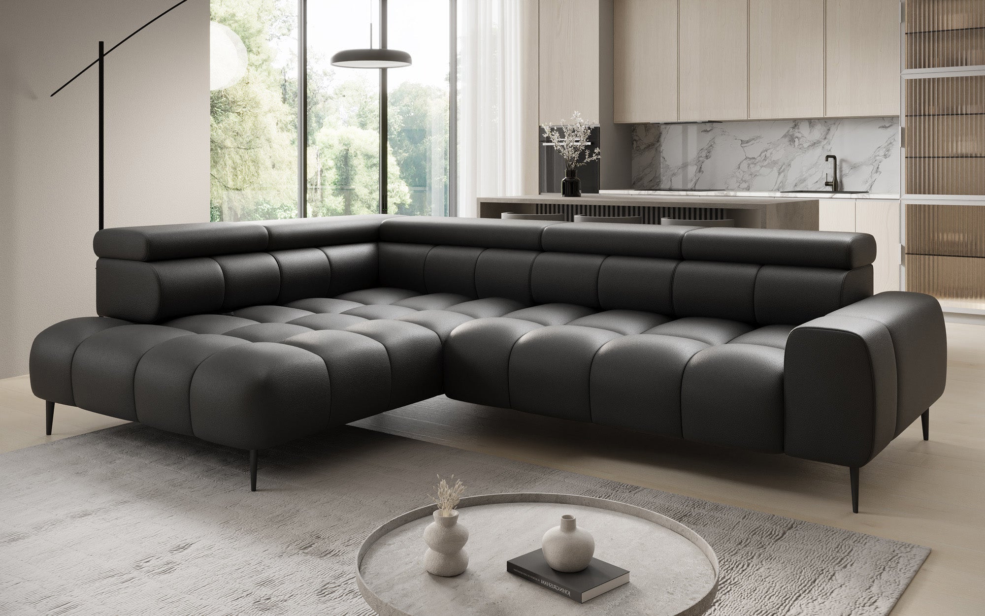 Designer Sofa Ceora L with electric sleeping function and adjustable backrest in genuine leather