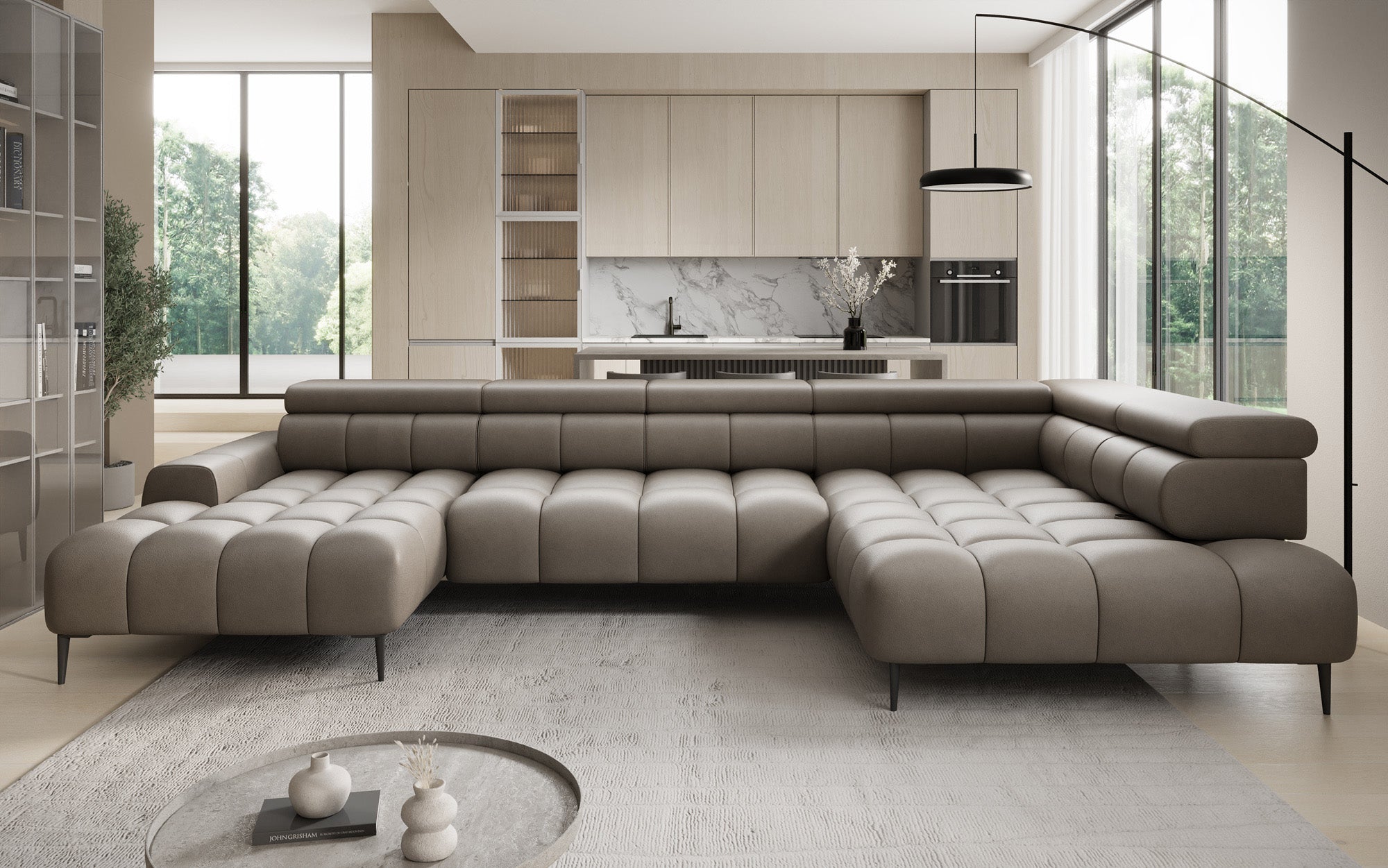 Designer sofa Ceora U with electric sleeping function and adjustable backrest in genuine leather