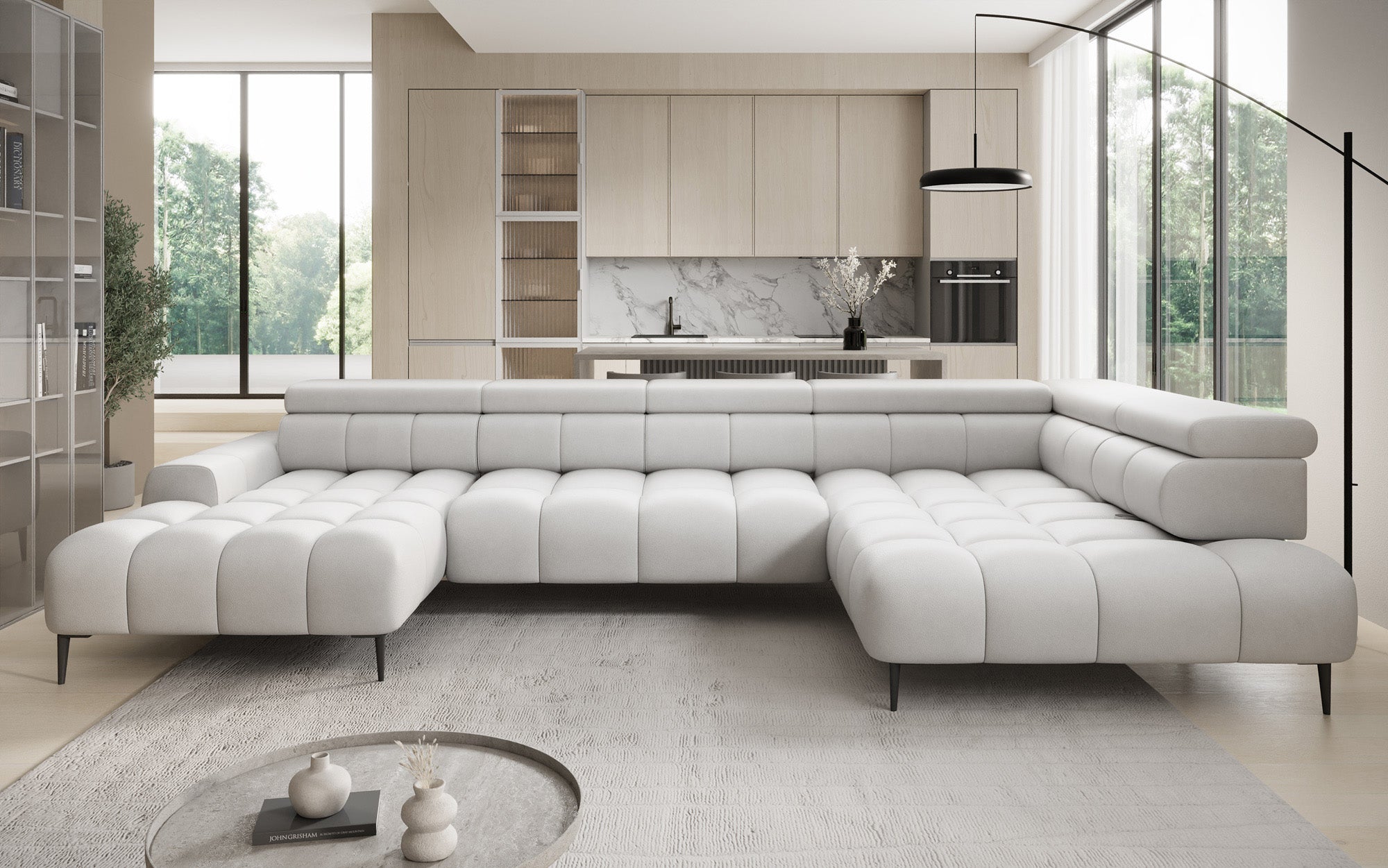 Designer sofa Ceora U with electric sleeping function and adjustable backrest in genuine leather